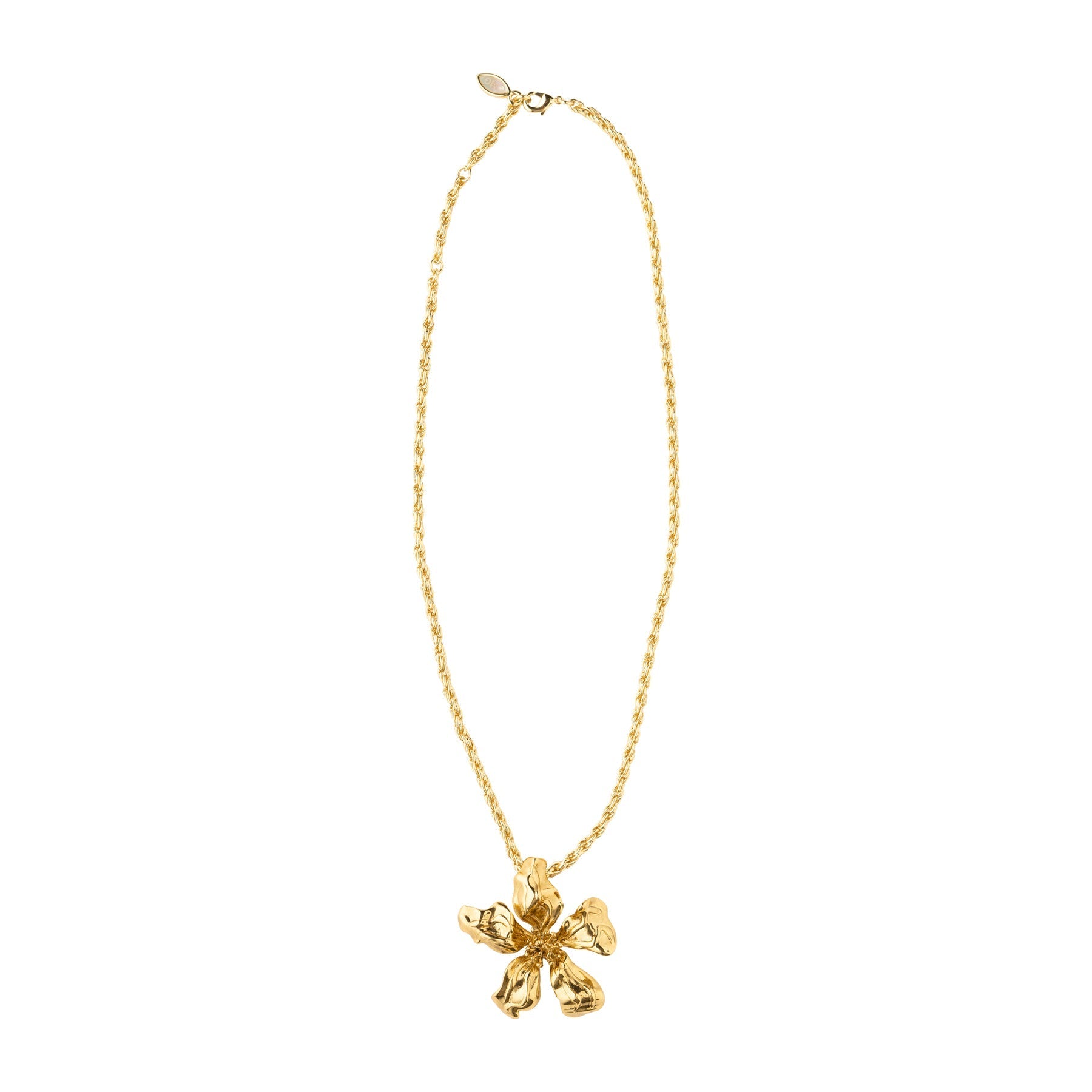 Gold Flower Pendant Necklace on White Background