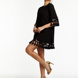 A-line, flowy with sleeves dress with tassel and sequin embellishments