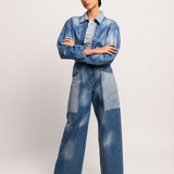 Waxed coated denim jacket, cropped fit, balloon sleeves, ruffled placket