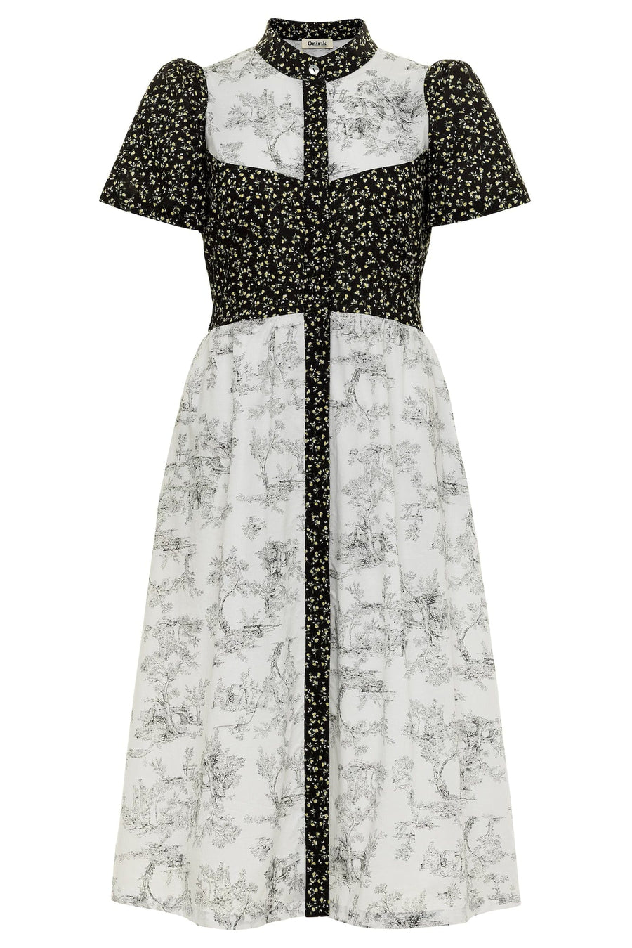 Clover Shirt Dress in Black Mini Floral + Vintage White Toile Print Cotton Voile