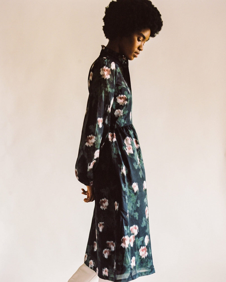 Felicia Dress in Black + Rose Watercolor Floral Cotton Voile