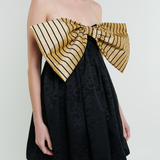 Stewart Mini Bow Dress in Black with Cream Stripe Bow