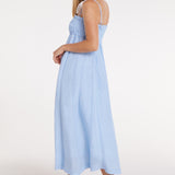 New in Margot Smocked Spaghetti Strap Midi Dress in Chambray Blue by Hermoza 