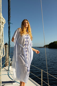Back in Carrie Caftan in Santorini Dots by Hermoza 