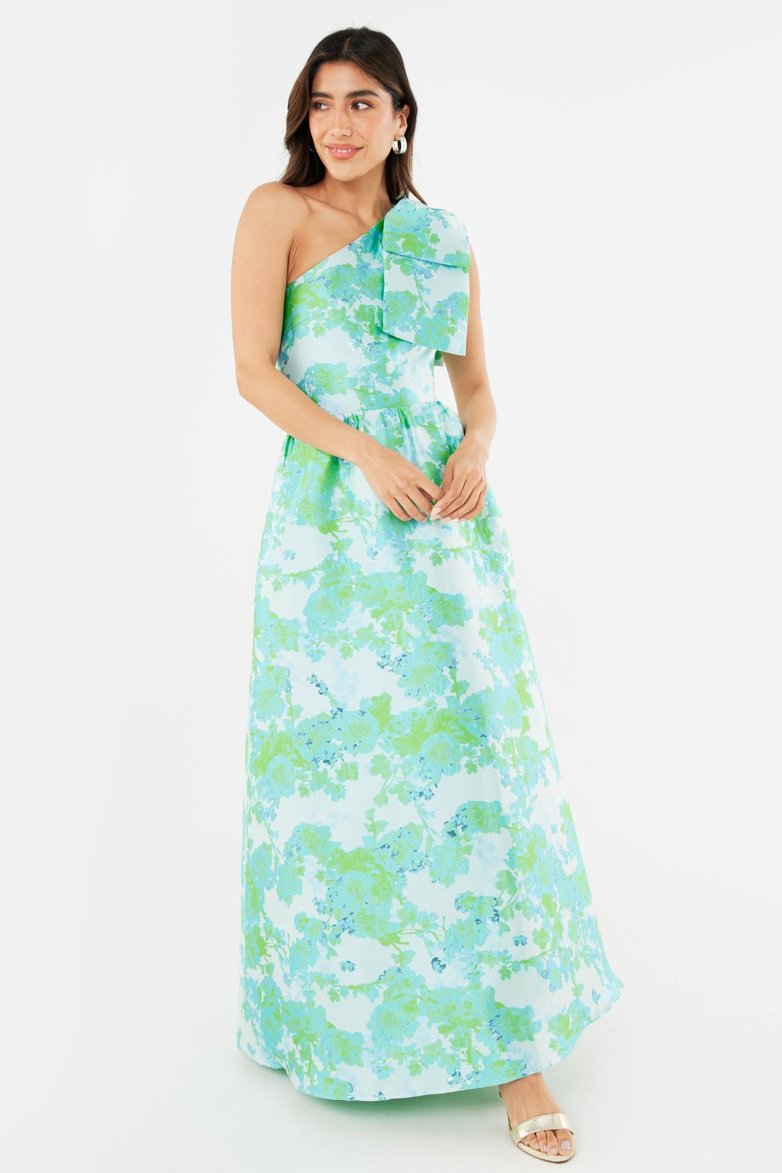 Abbey Glass Dress Caroline Gown Green Abstract Brocade