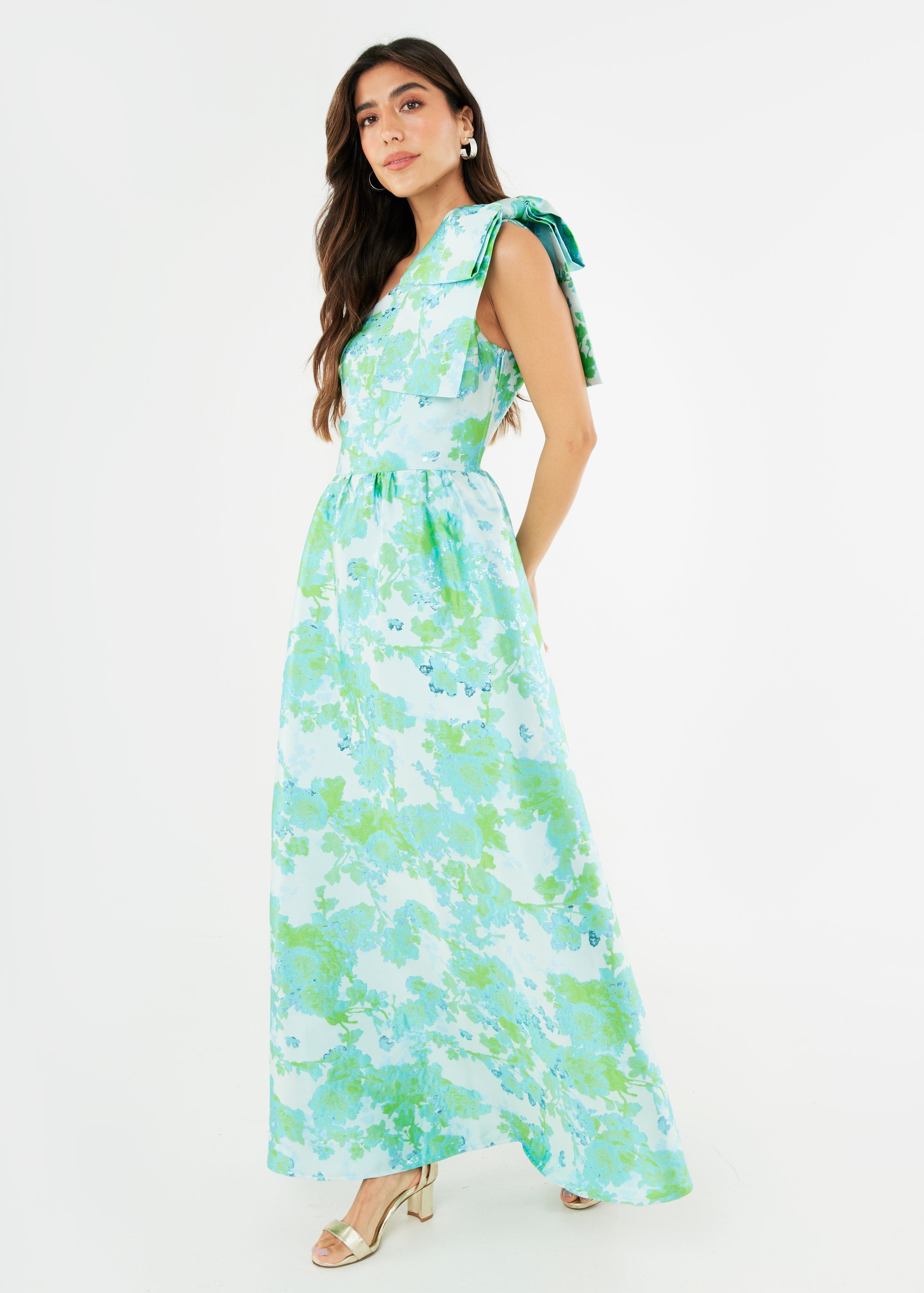 Abbey Glass Dress Caroline Gown Green Abstract Brocade