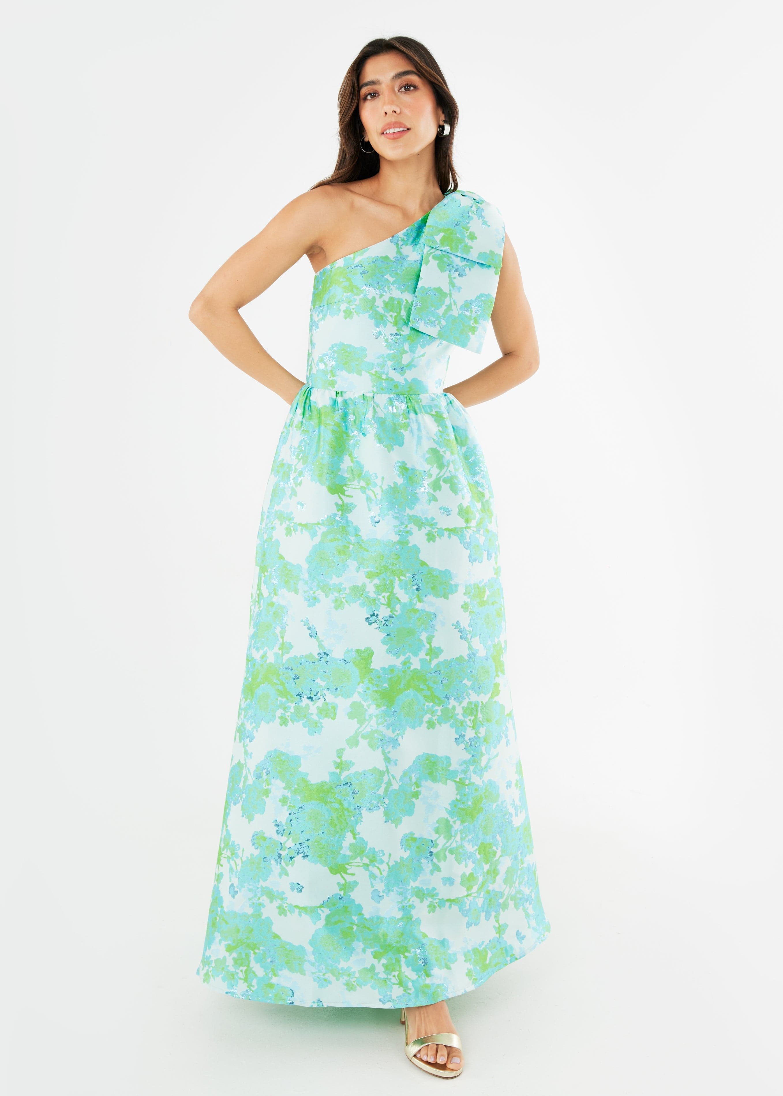 Abbey Glass Dress Caroline Gown Green Abstract Brocade