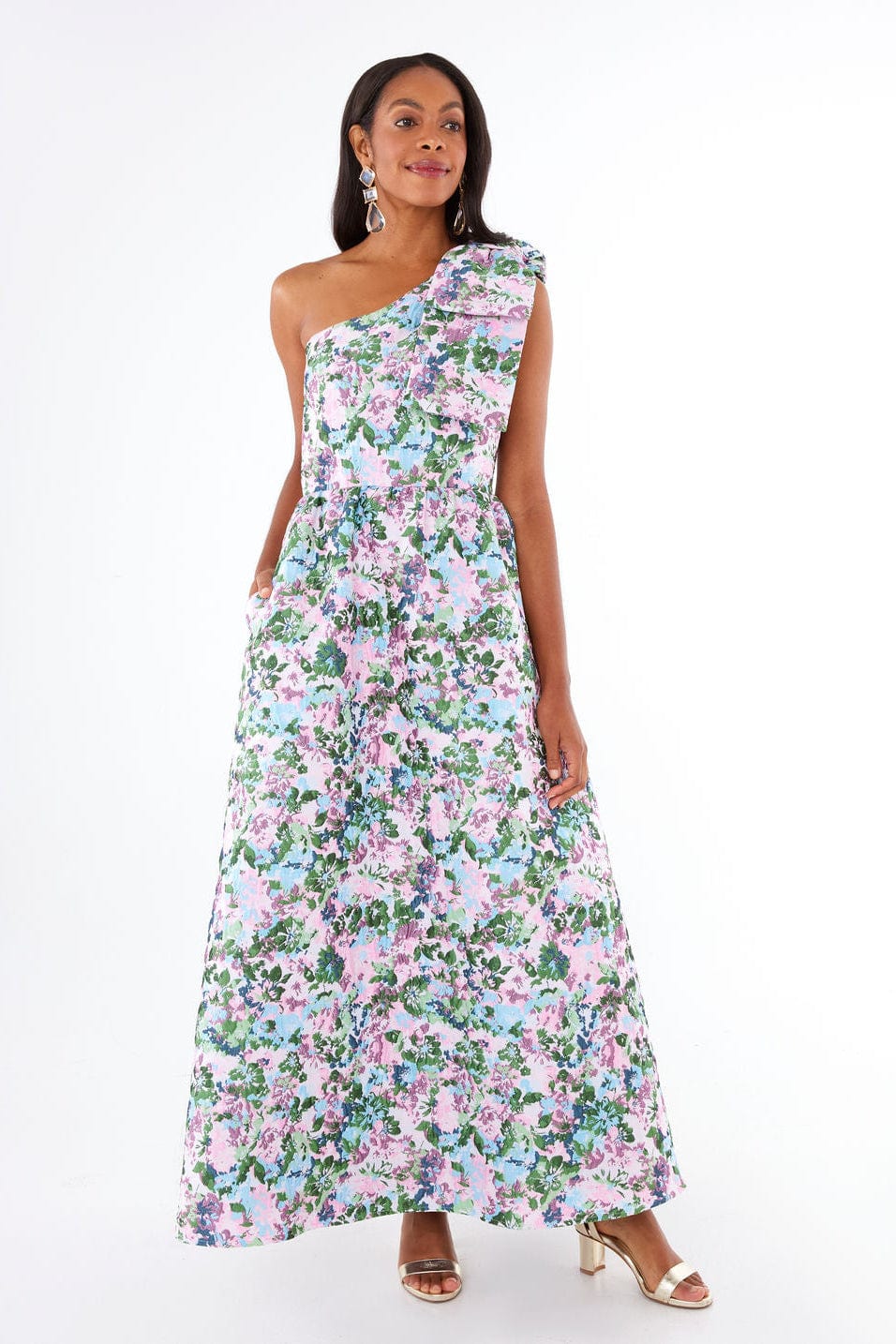 Abbey Glass Dress Caroline Gown Pink Abstract Floral Jacquard