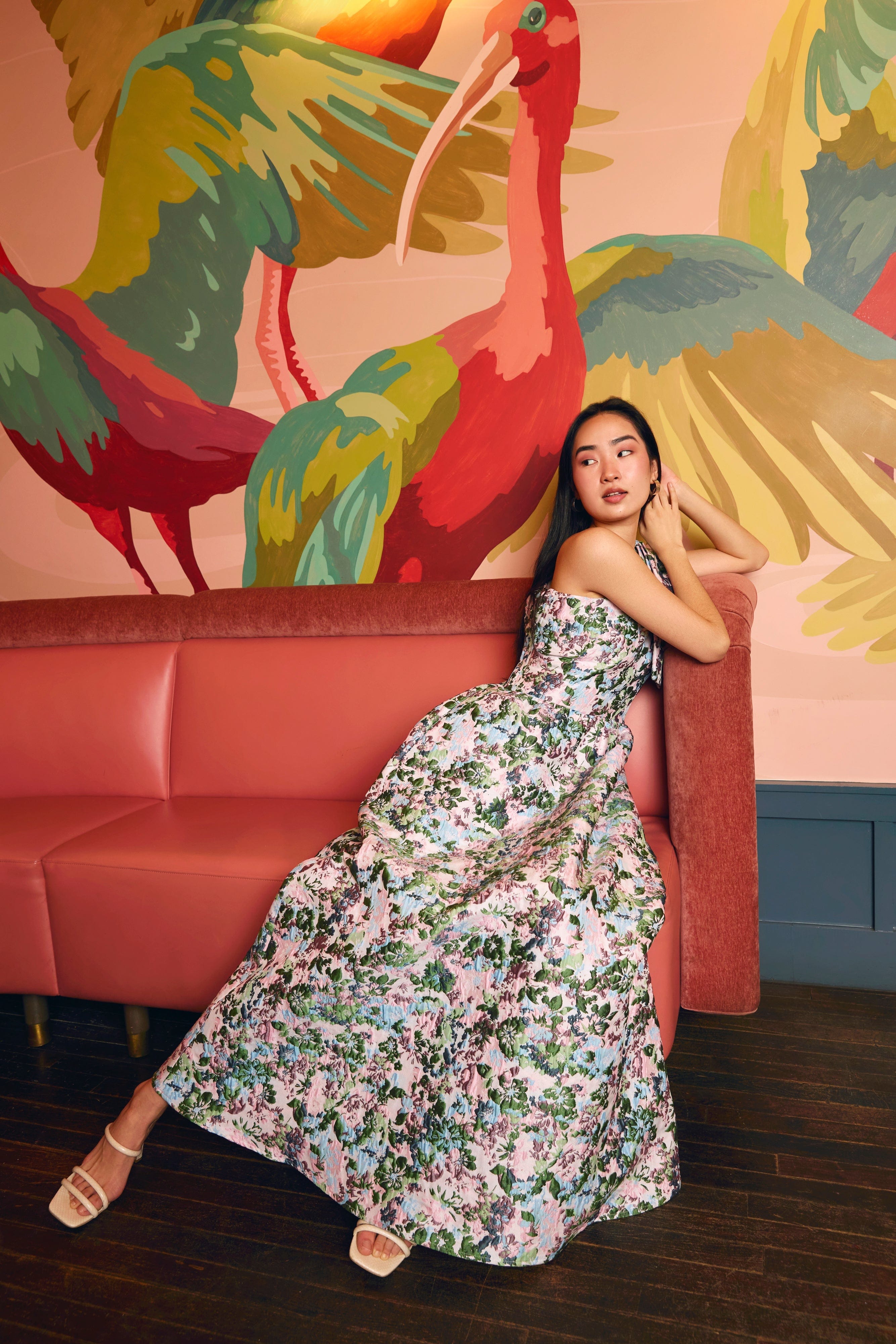 Abbey Glass Dress Caroline Gown Pink Abstract Floral Jacquard