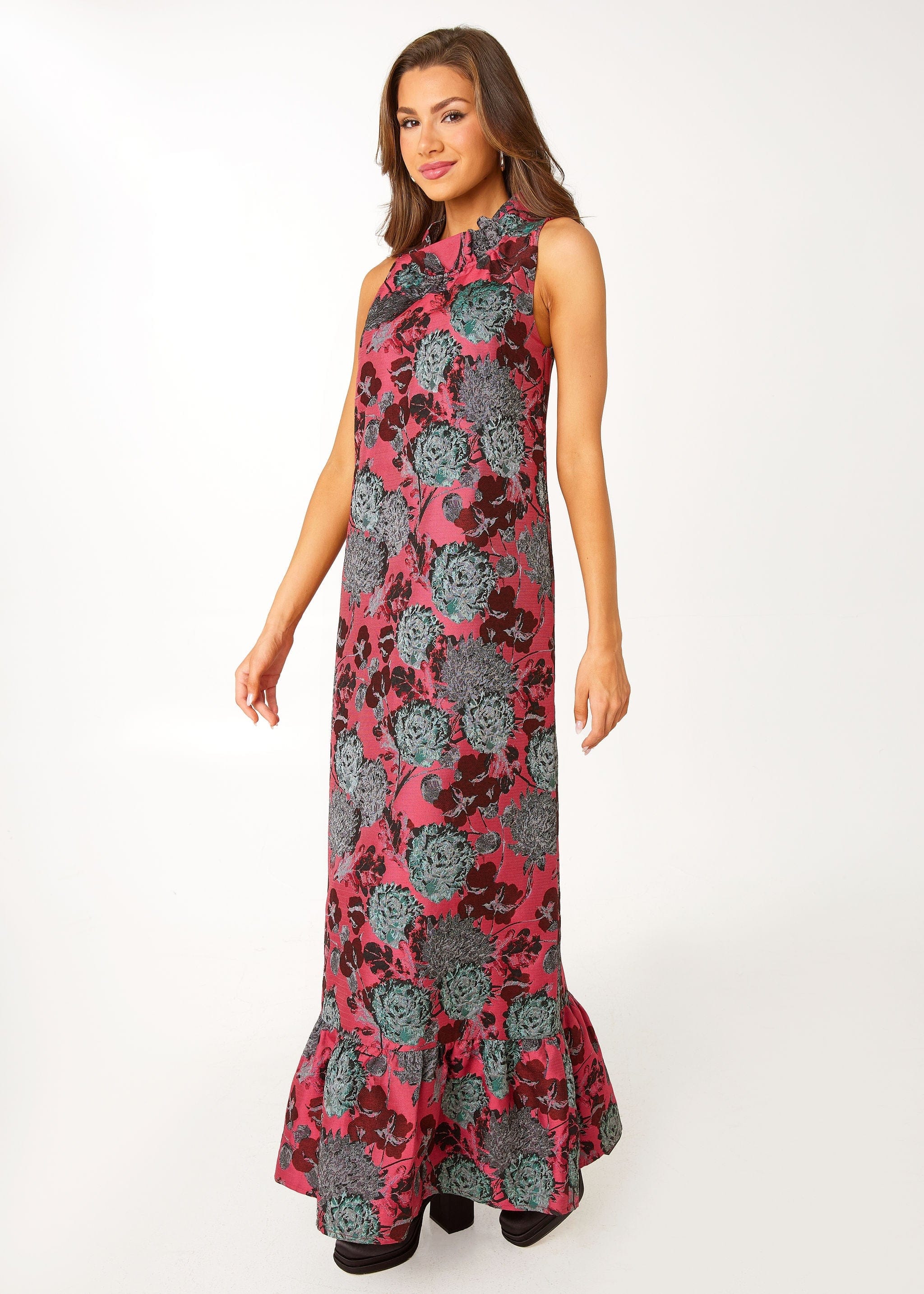 Abbey Glass Dresses Camille Gown Hot Pink Vintage Dahlia Jacquard