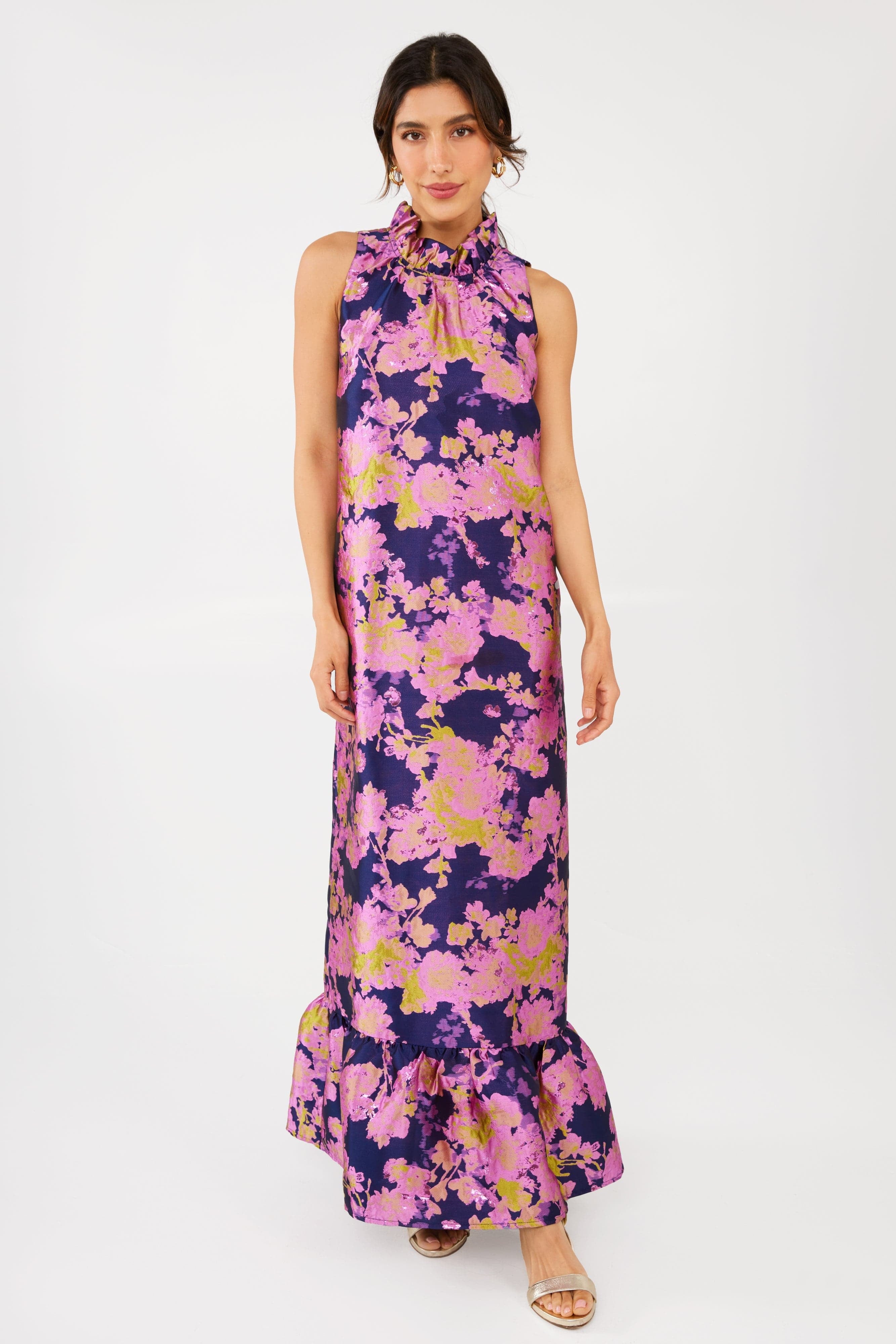 Abbey Glass Dresses Camille Gown Navy Abstract Brocade