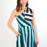 Abbey Glass Dresses Caroline Gown Blue Stripe Mikado