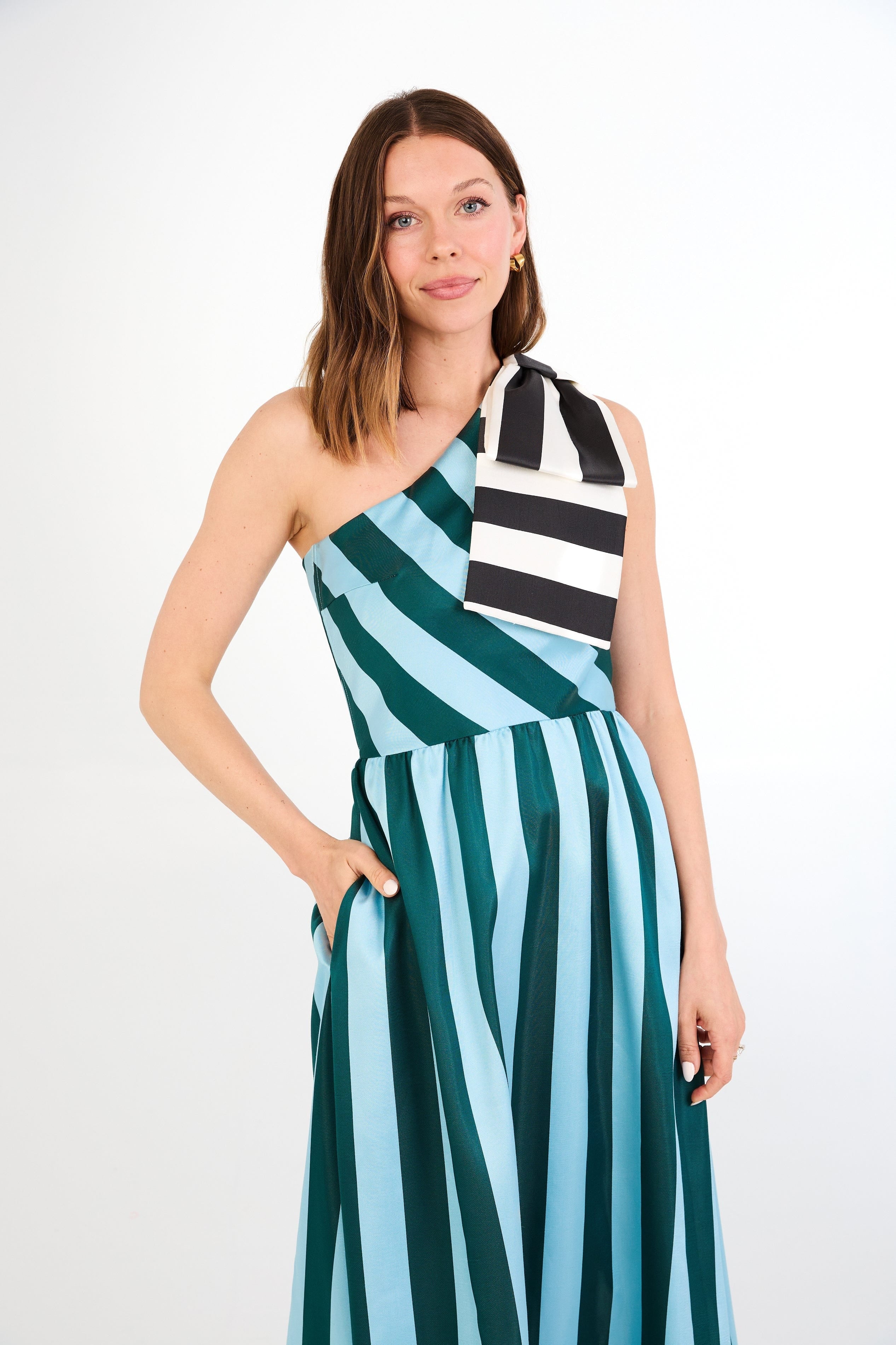 Abbey Glass Dresses Caroline Gown Blue Stripe Mikado