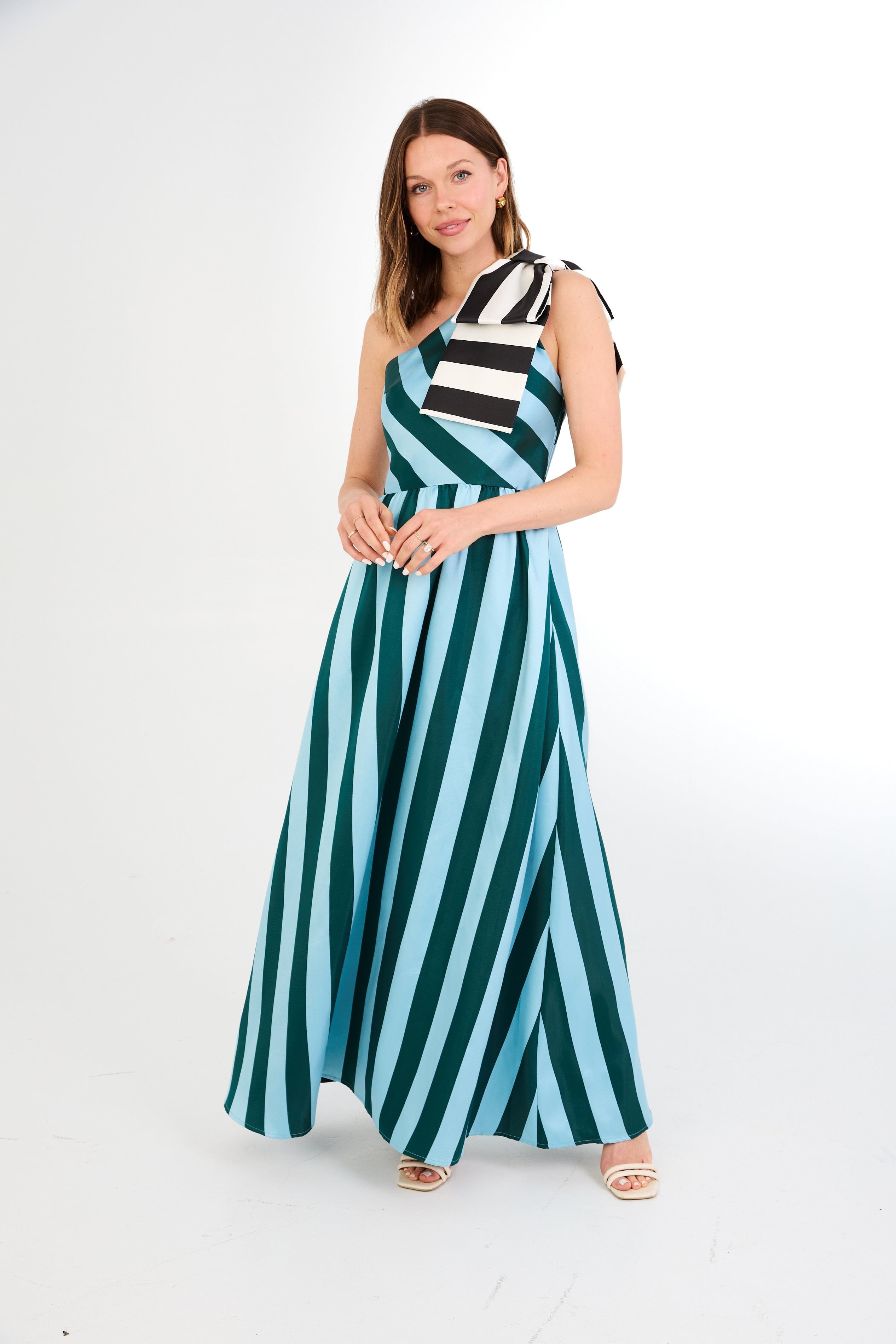 Abbey Glass Dresses Caroline Gown Blue Stripe Mikado