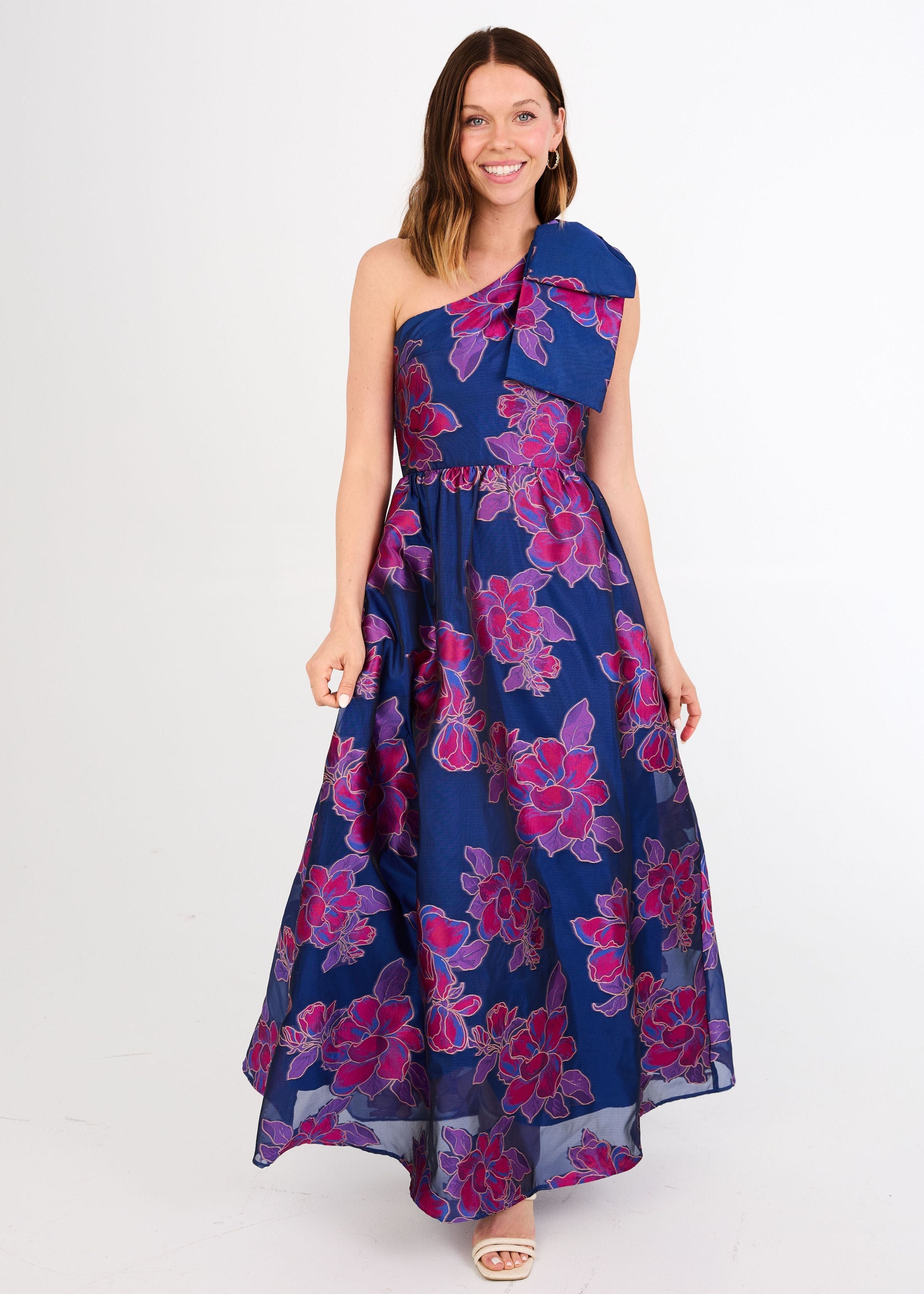 Abbey Glass Dresses Caroline Gown Fuchsia Navy Peony Organza