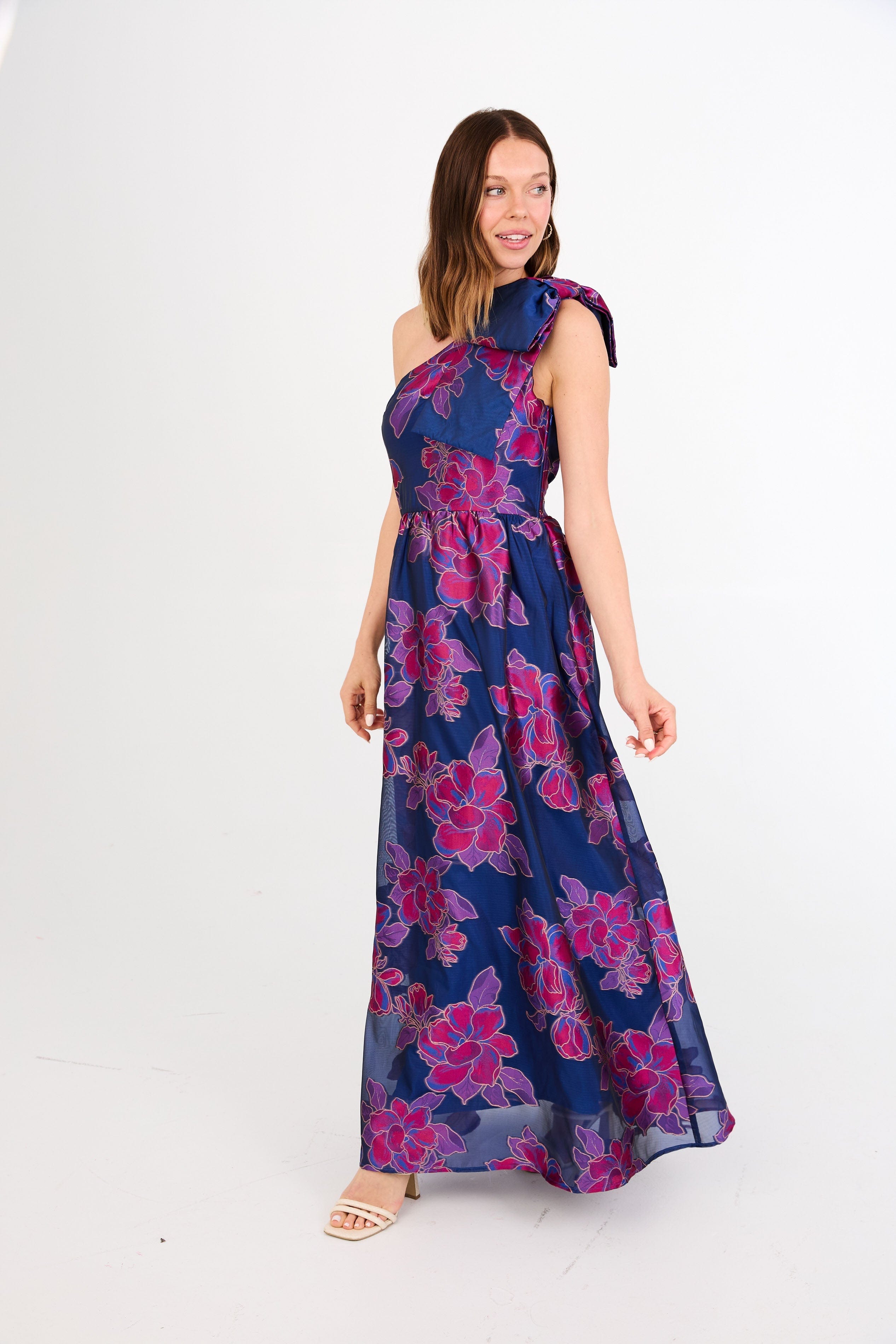 Abbey Glass Dresses Caroline Gown Fuchsia Navy Peony Organza