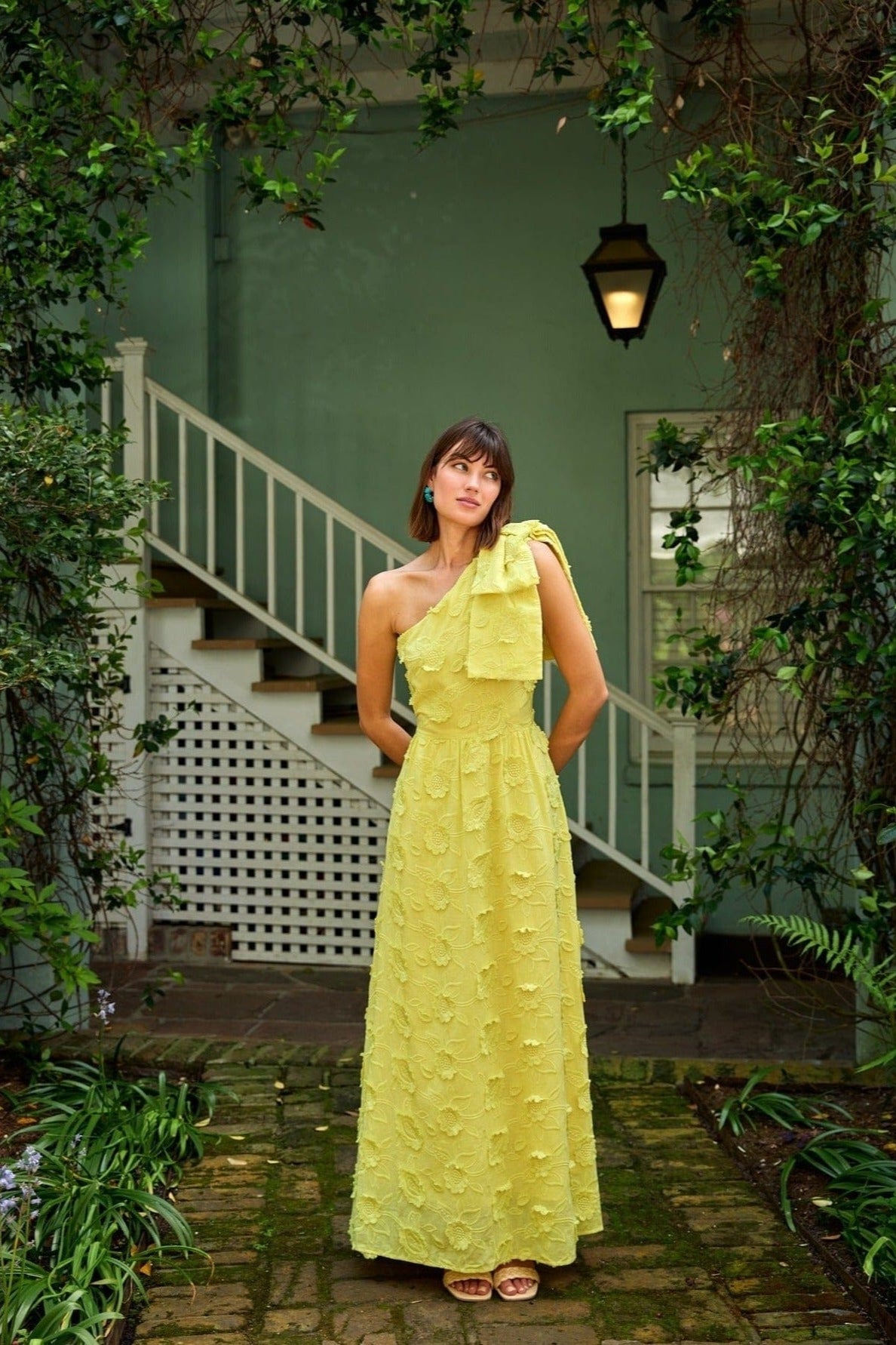 Abbey Glass Dresses Caroline Gown Hot Yellow 3-D Floral Cotton