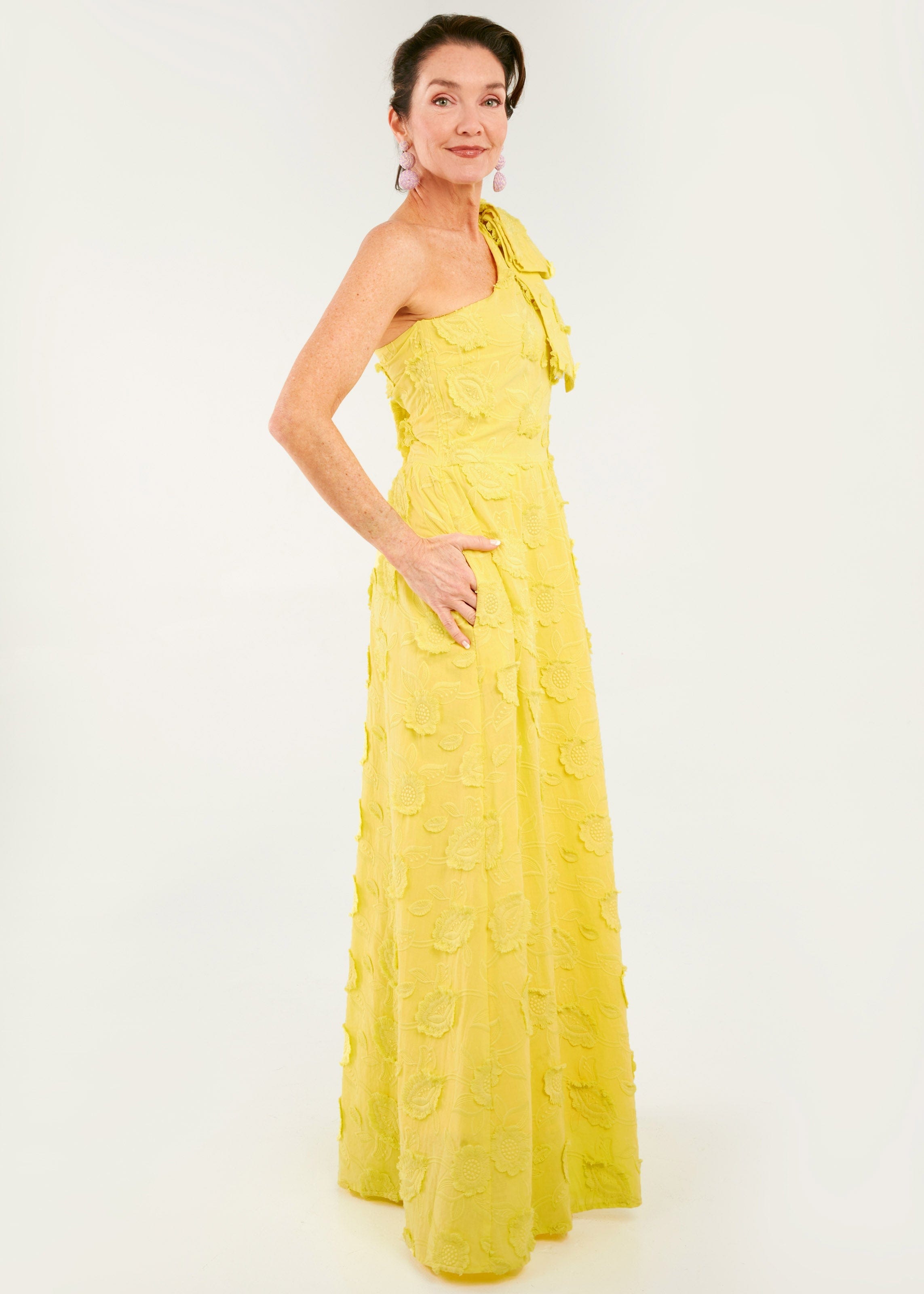 Abbey Glass Dresses Caroline Gown Hot Yellow 3-D Floral Cotton