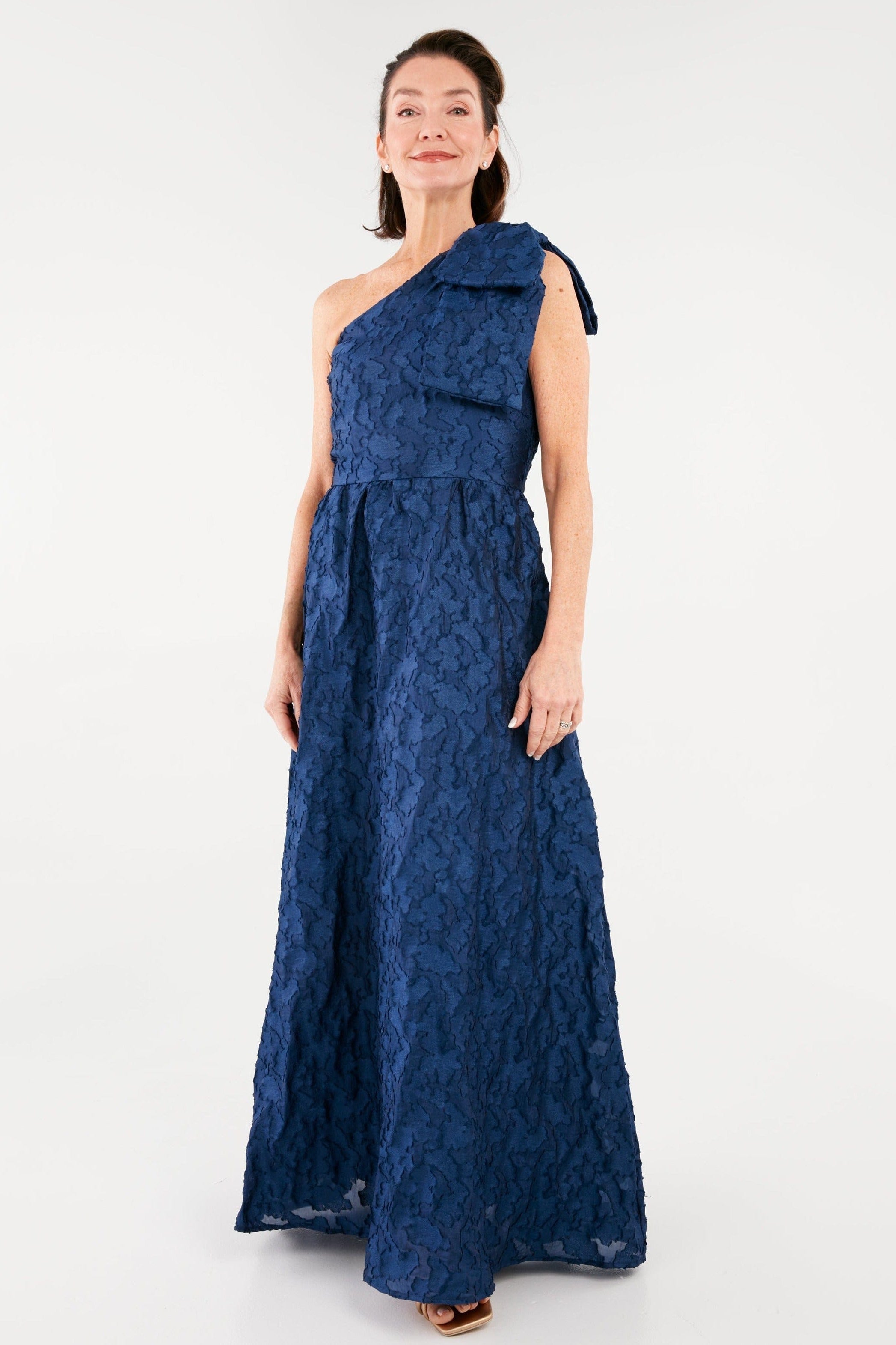 Abbey Glass Dresses Caroline One-Shoulder Gown Navy Organza