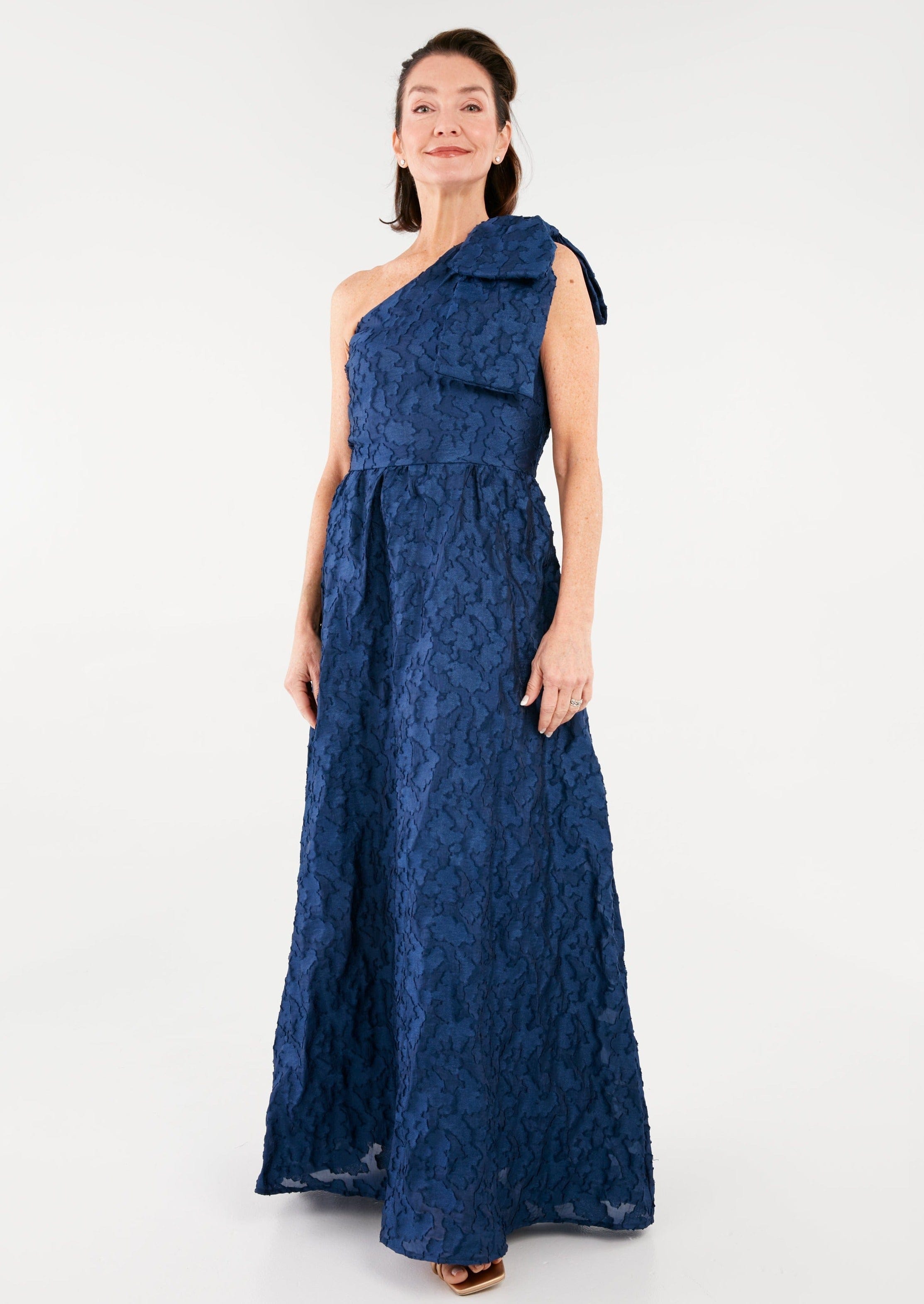 Abbey Glass Dresses Caroline One-Shoulder Gown Navy Organza