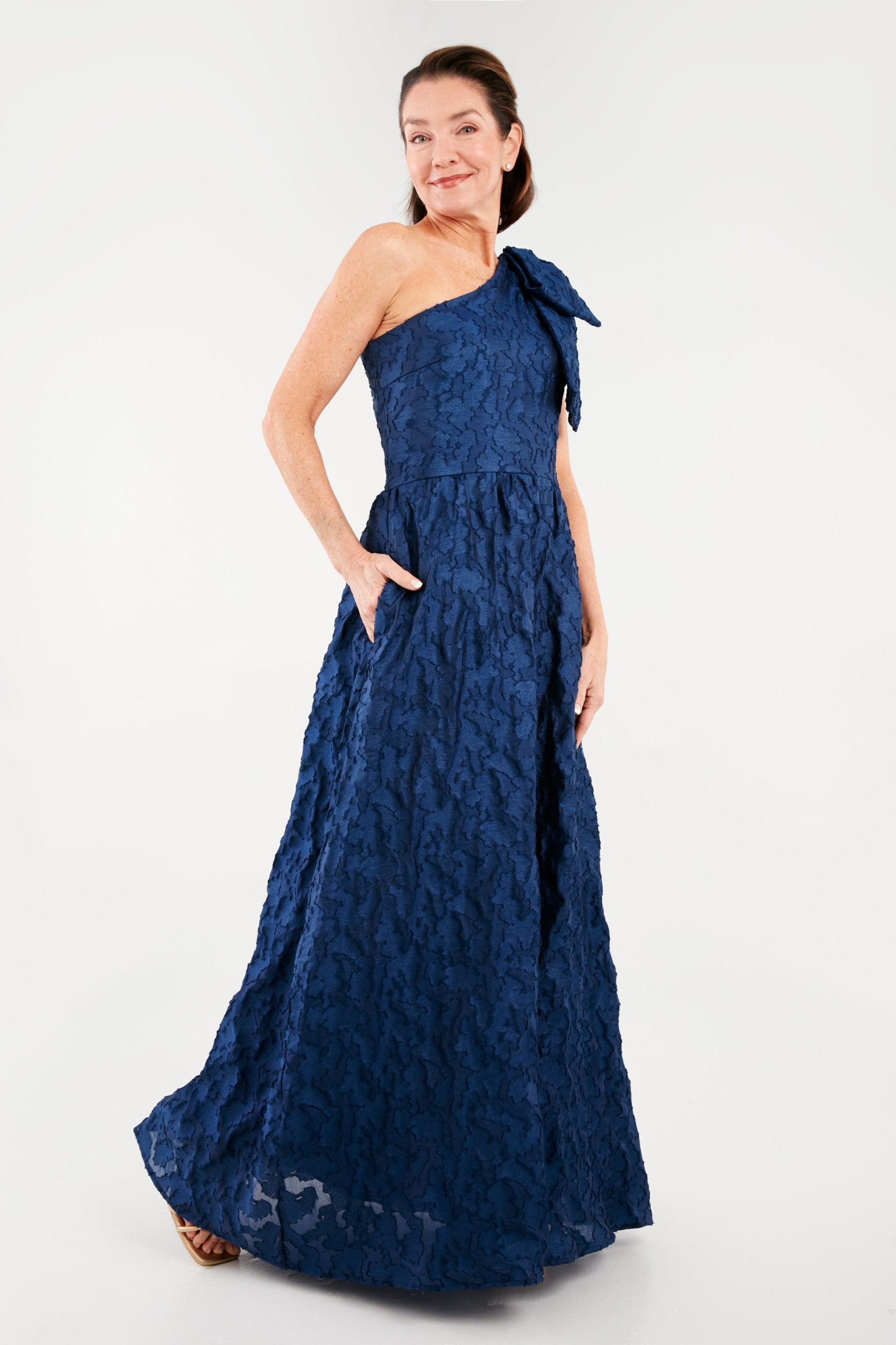 Abbey Glass Dresses Caroline One-Shoulder Gown Navy Organza