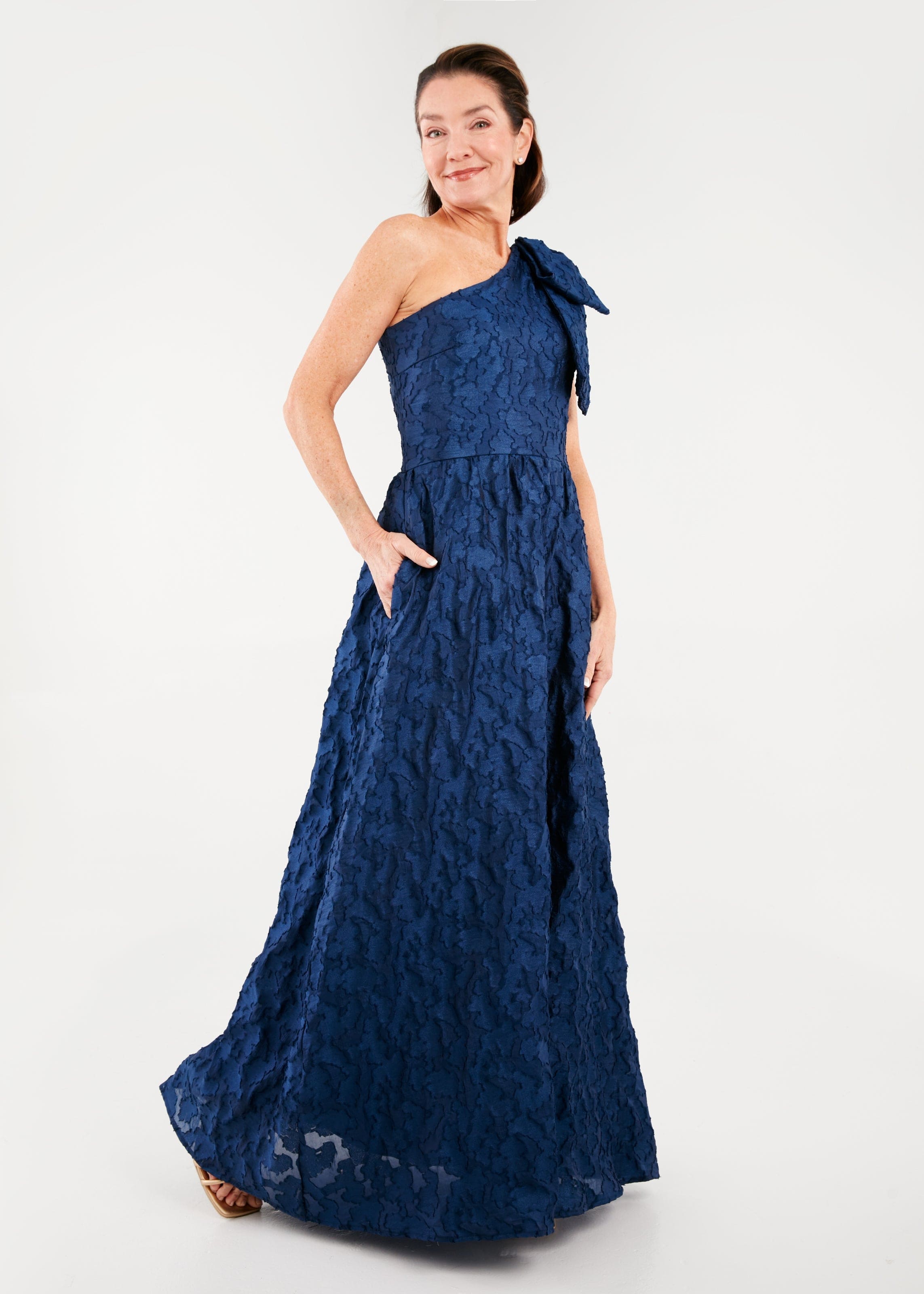 Abbey Glass Dresses Caroline One-Shoulder Gown Navy Organza