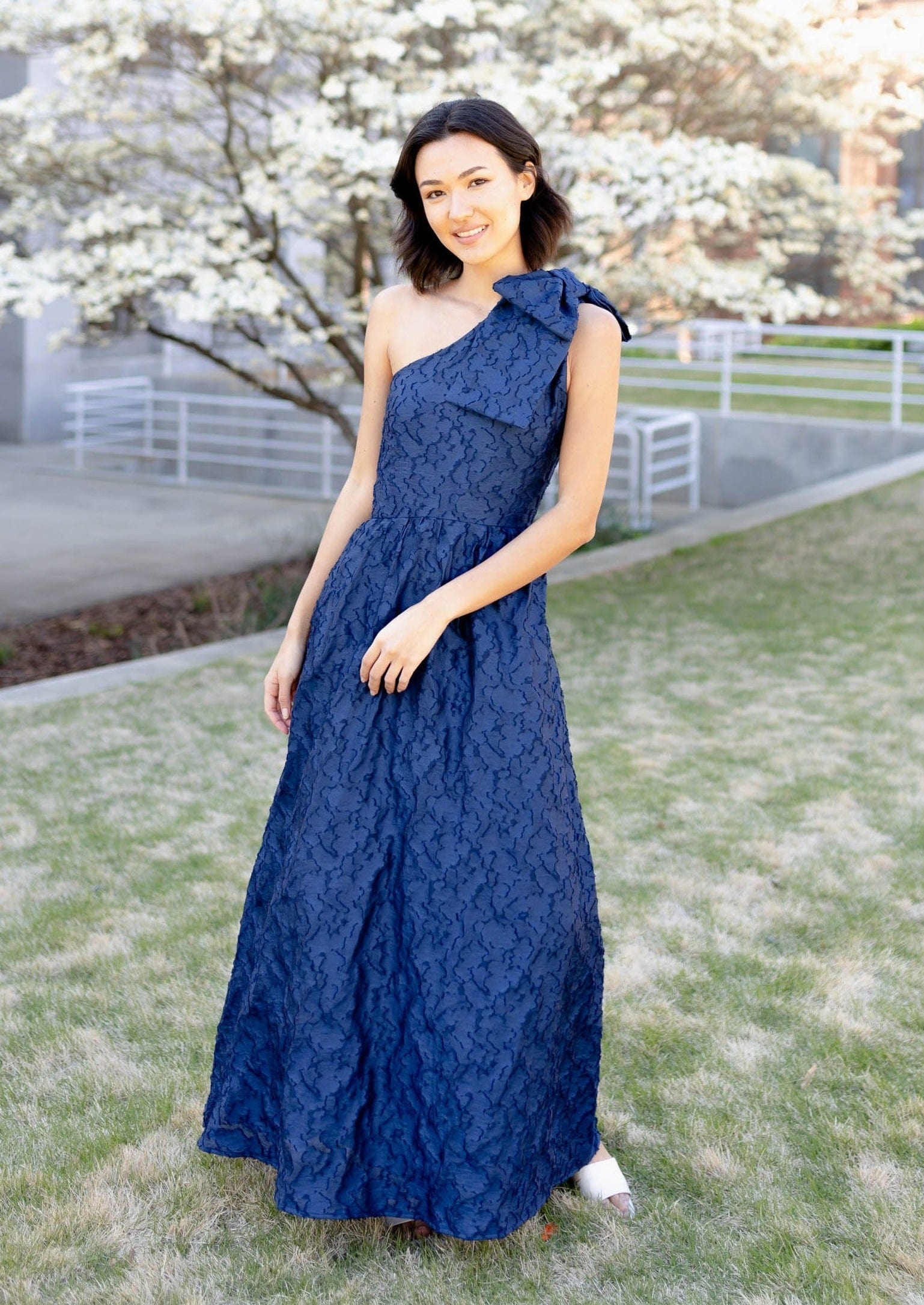 Abbey Glass Dresses Caroline One-Shoulder Gown Navy Organza