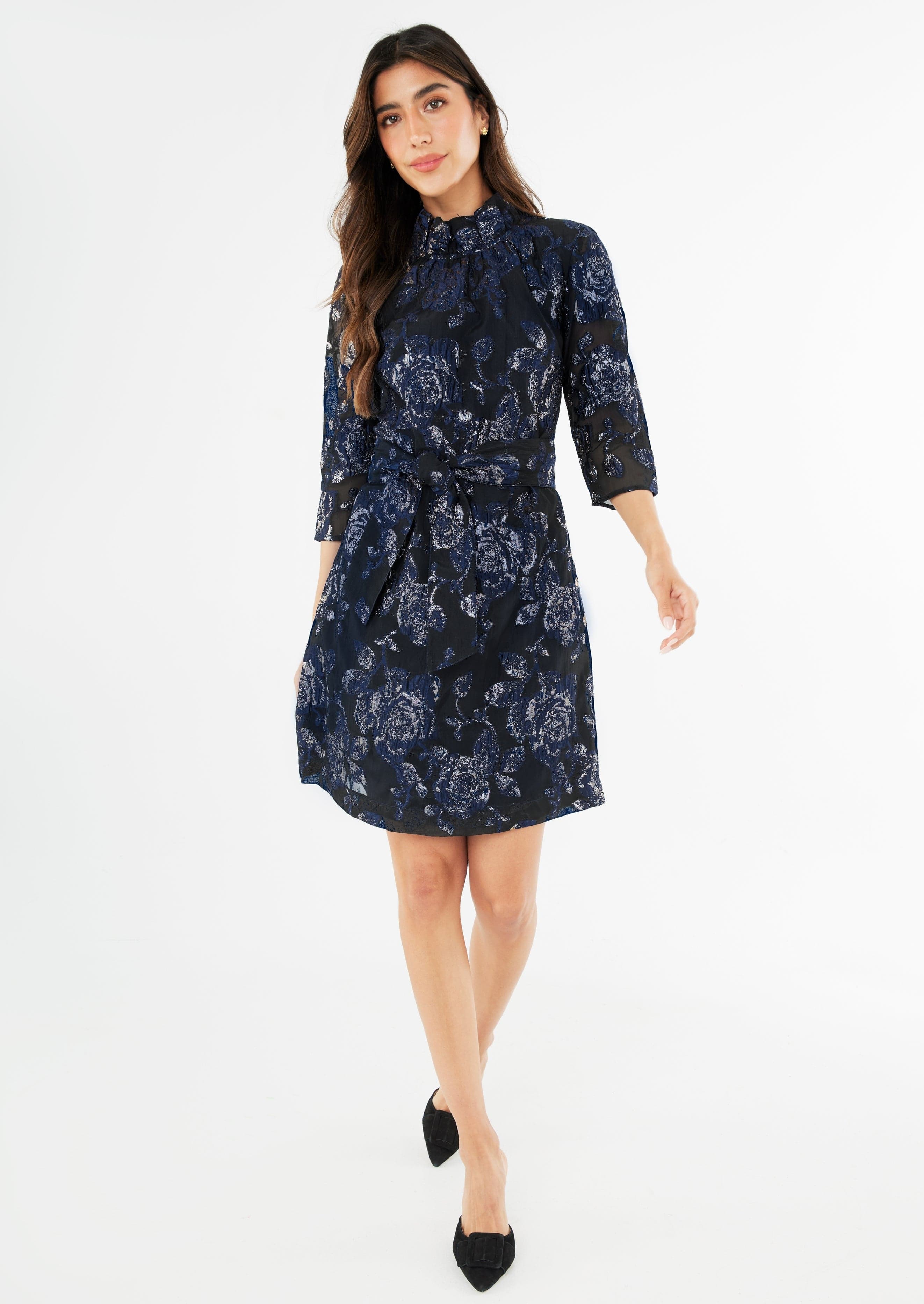 Abbey Glass Dresses Claudine Dress Navy Metallic Rose Organza