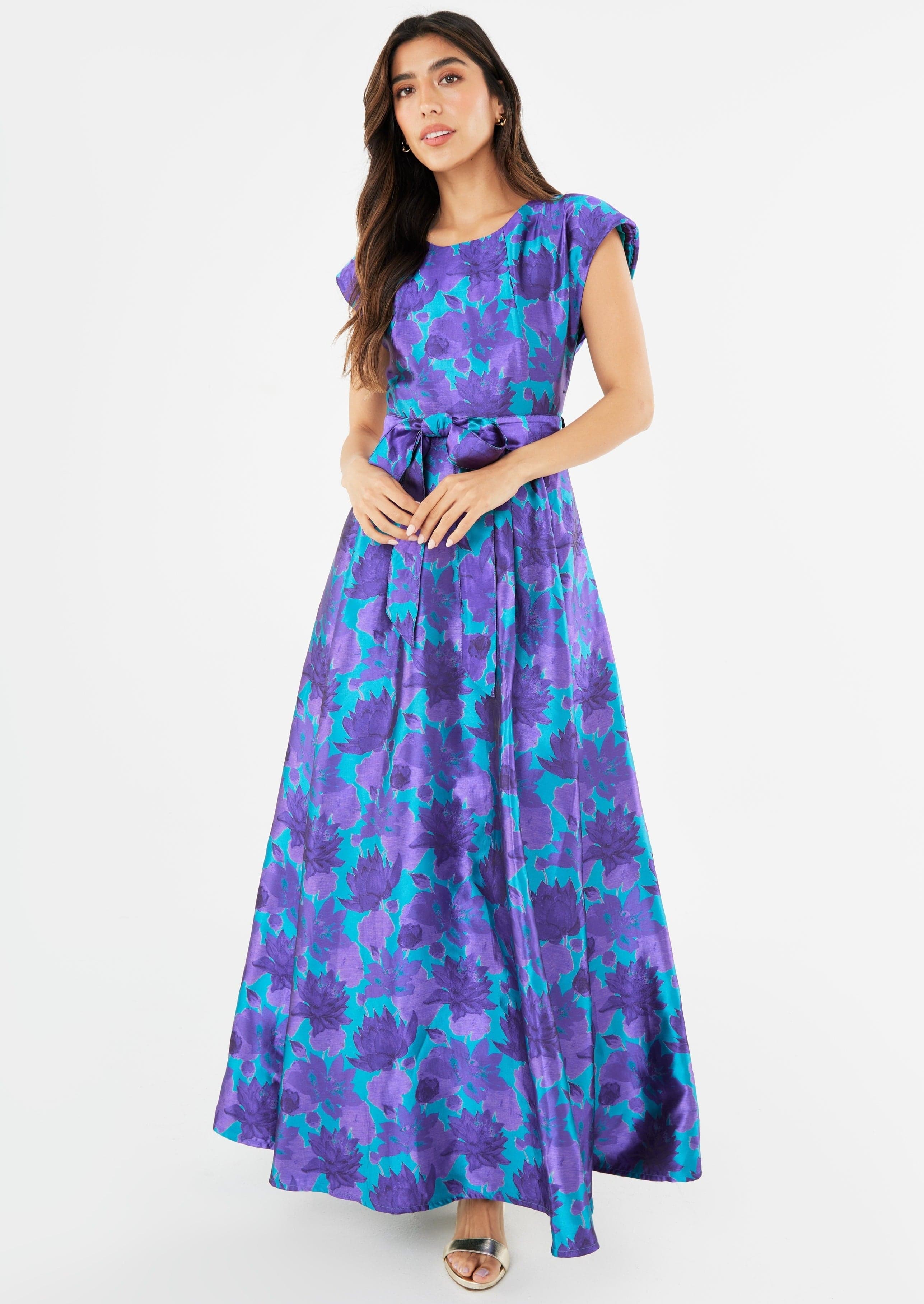 Abbey Glass Dresses Olivia Gown Purple Floral Silhouette Jacquard