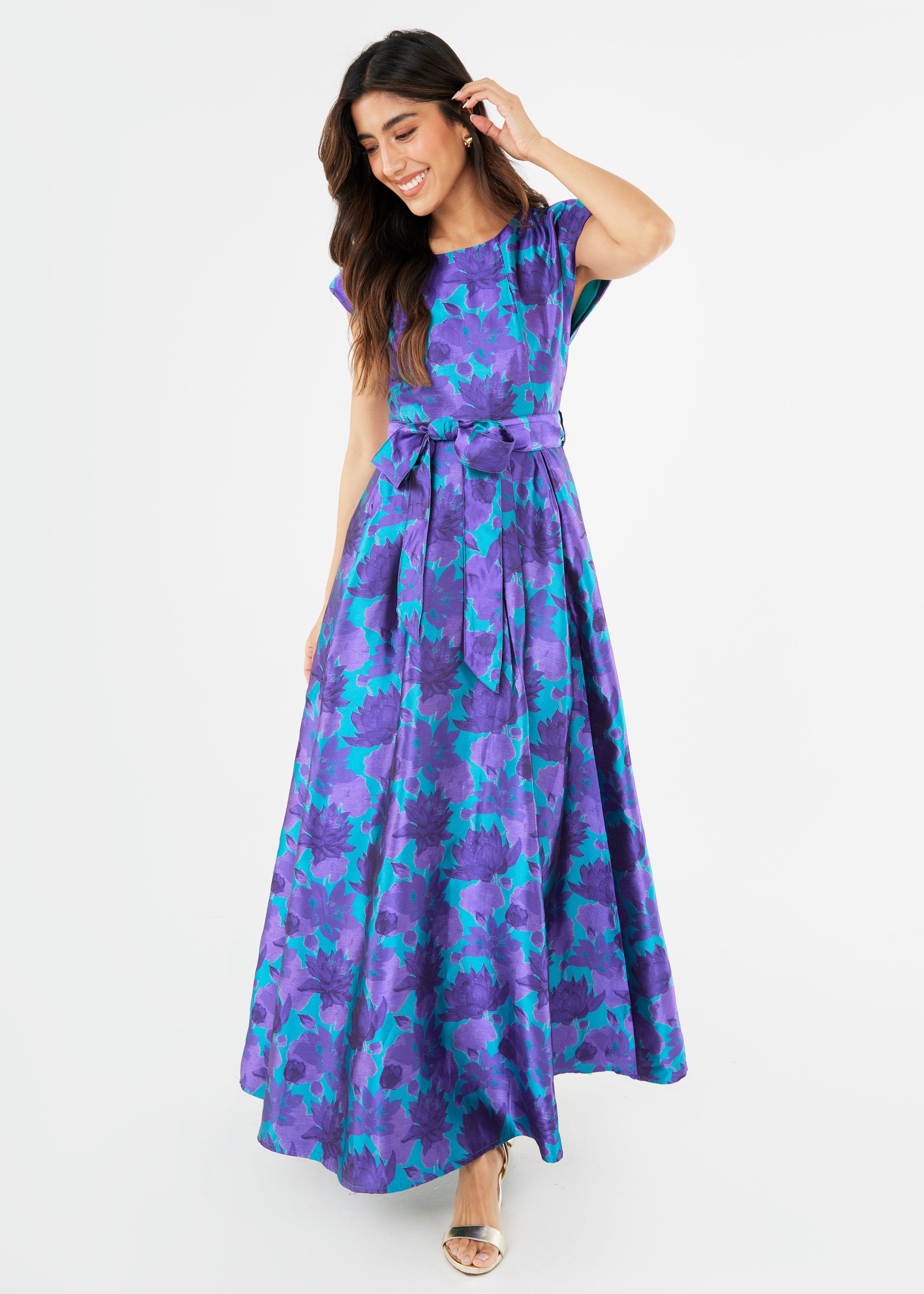 Abbey Glass Dresses Olivia Gown Purple Floral Silhouette Jacquard