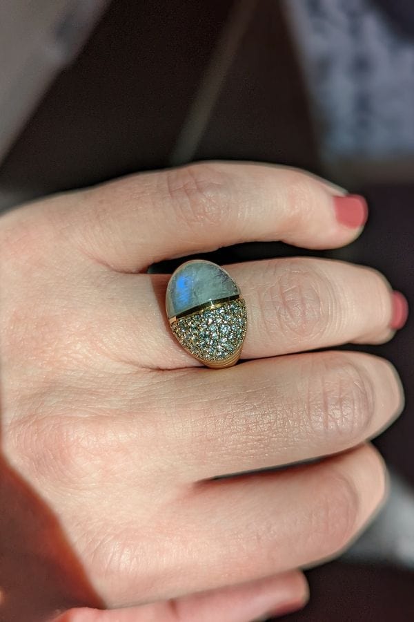 Campbell + Charlotte Found Cap Cocktail Ring - Rainbow Moonstone & Diamond