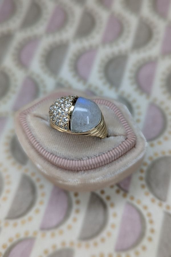 Campbell + Charlotte Found Cap Cocktail Ring - Rainbow Moonstone & Diamond