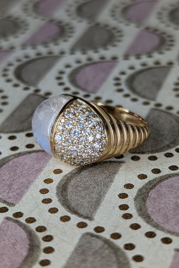 Campbell + Charlotte Found Cap Cocktail Ring - Rainbow Moonstone & Diamond