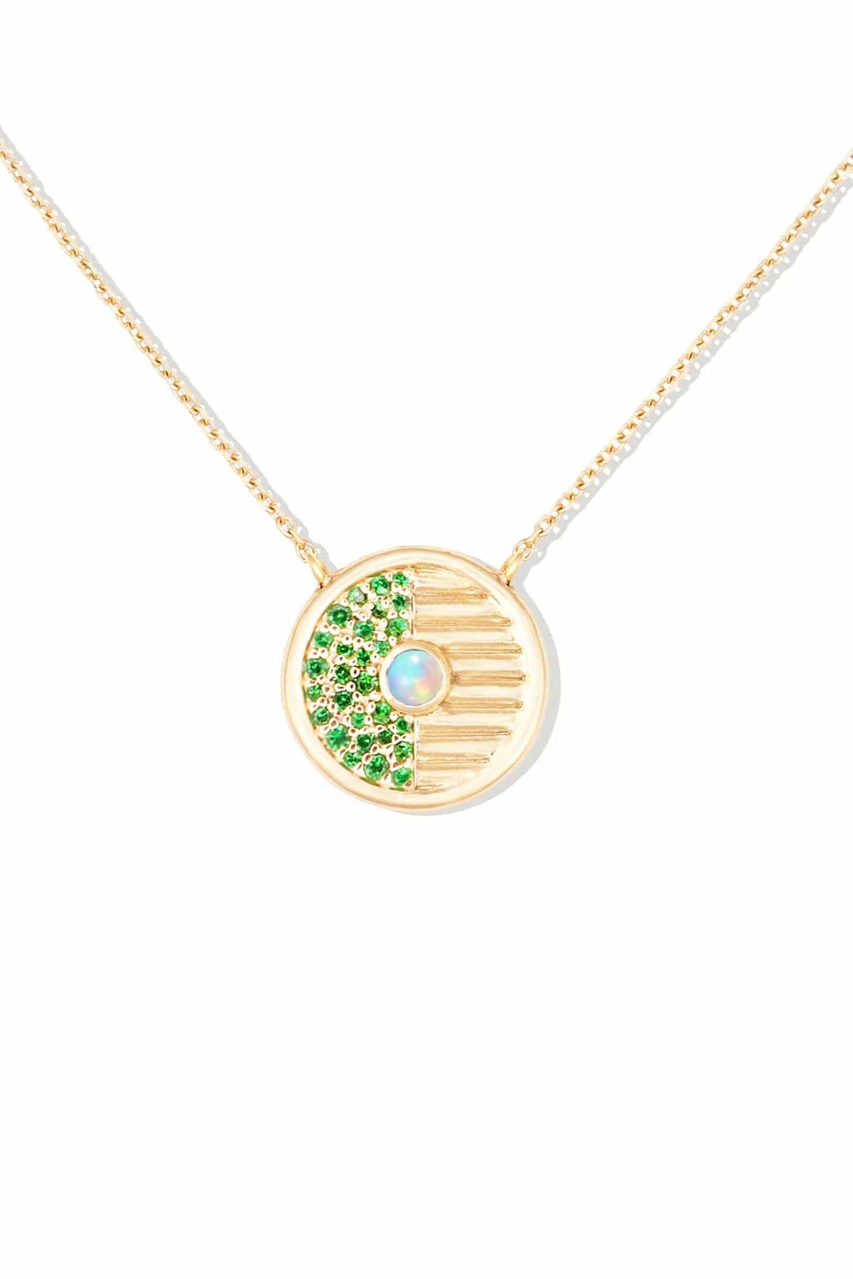 Found Small Disk Pendant Necklace Tsavorite & Opal