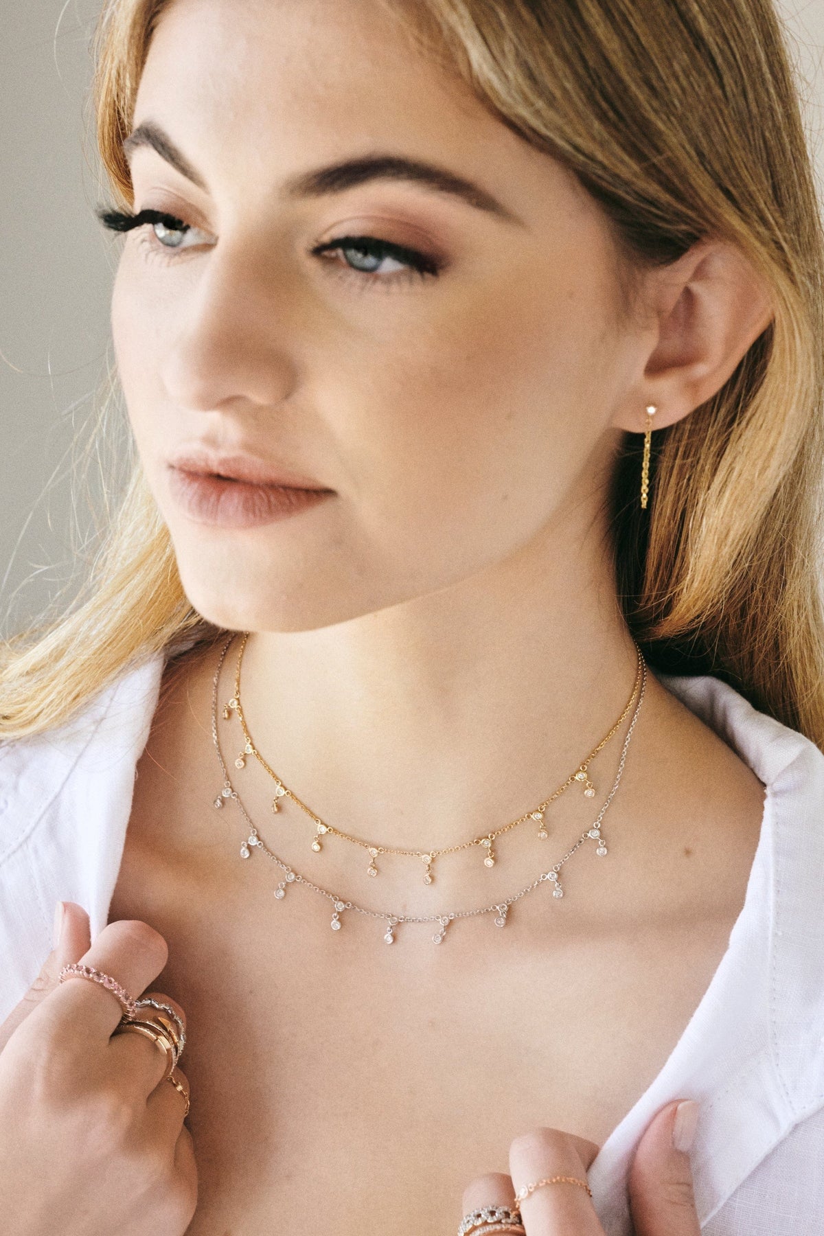 Double Diamond Drop Station Necklace