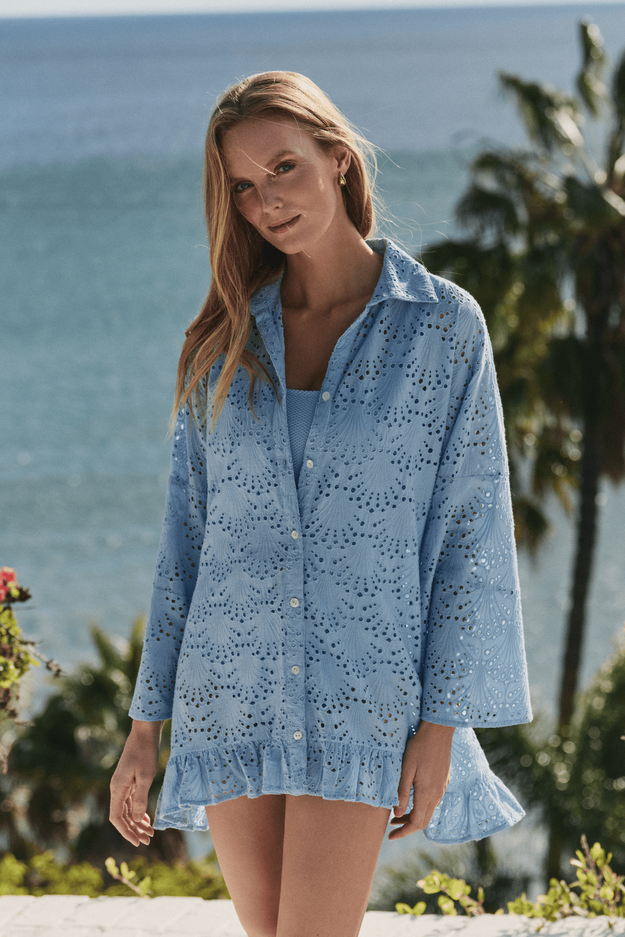 Hermoza Cover Up Powder Blue / XS Betty Flounce Sleeve Dress Cover-up in Powder Blue Eyelet