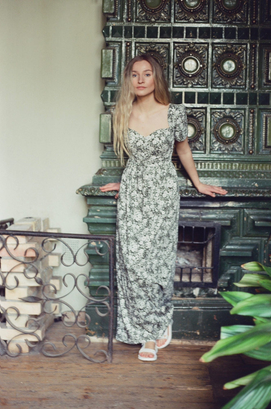 Poppy Maxi Dress / Forest Green + Vintage White Floral Cotton