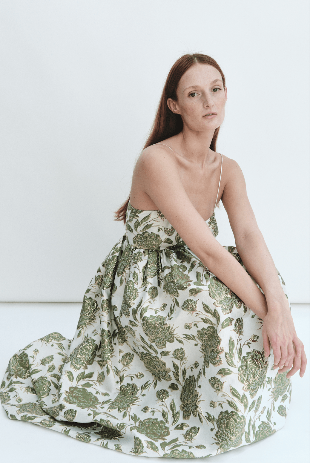 Madeline Marie Dress Bow Gown in Emerald Brocade