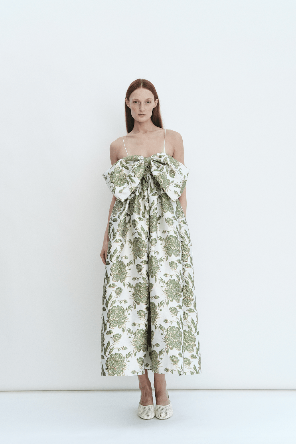 Madeline Marie Dress Bow Gown in Emerald Brocade