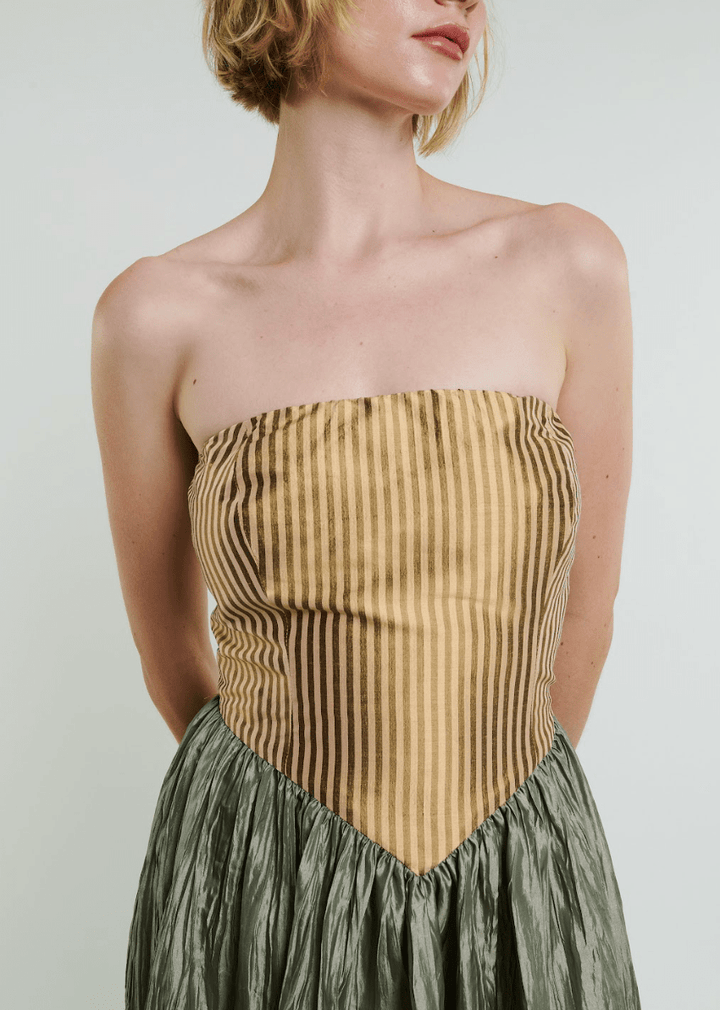 Roxanne Long Dress in Cream & Moss