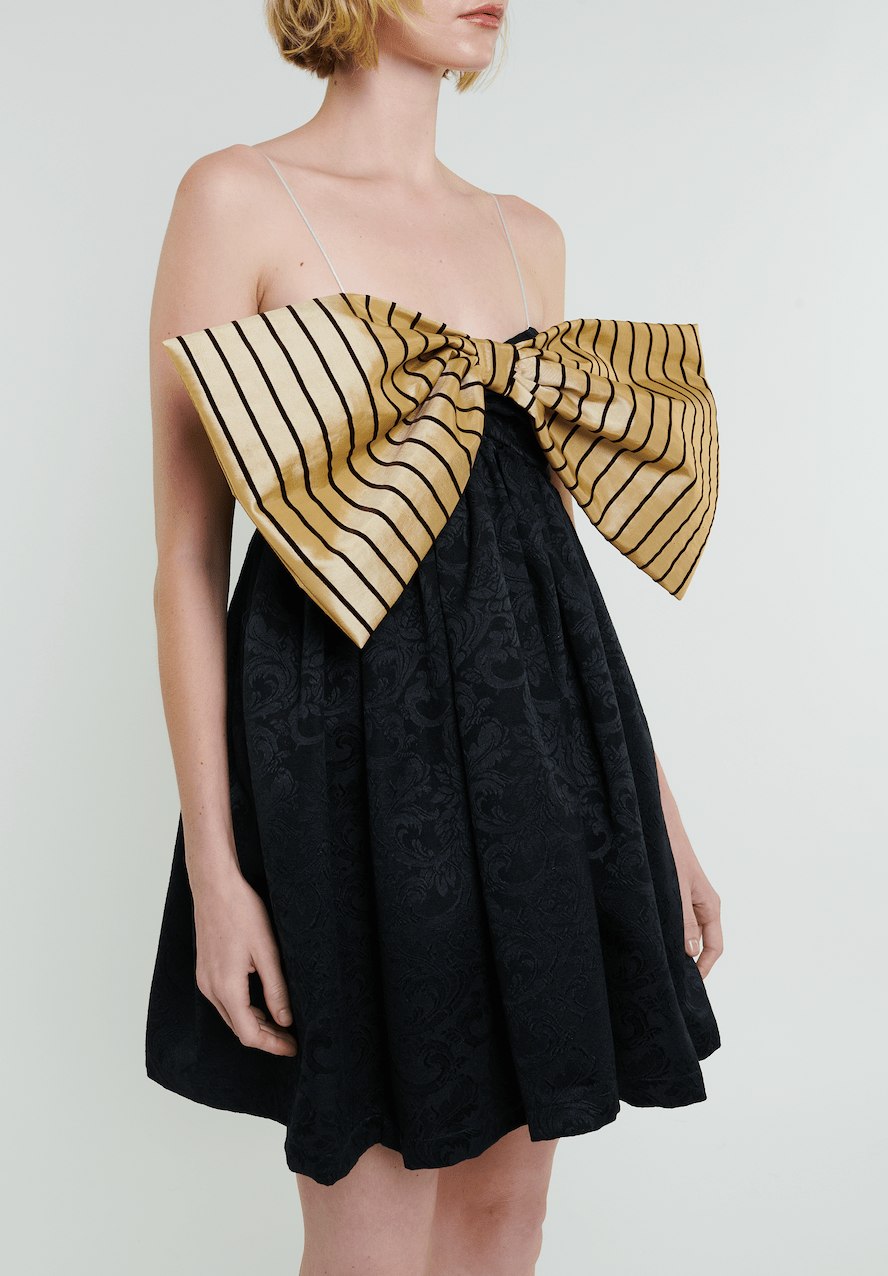 Madeline Marie Dress Stewart Mini Bow Dress in Black with Cream Stripe Bow