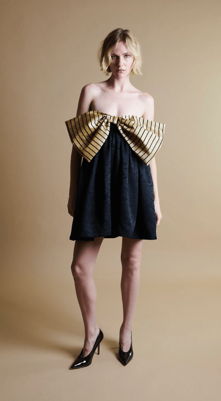 Stewart Mini Bow Dress in Black With Cream Stripe Bow 2