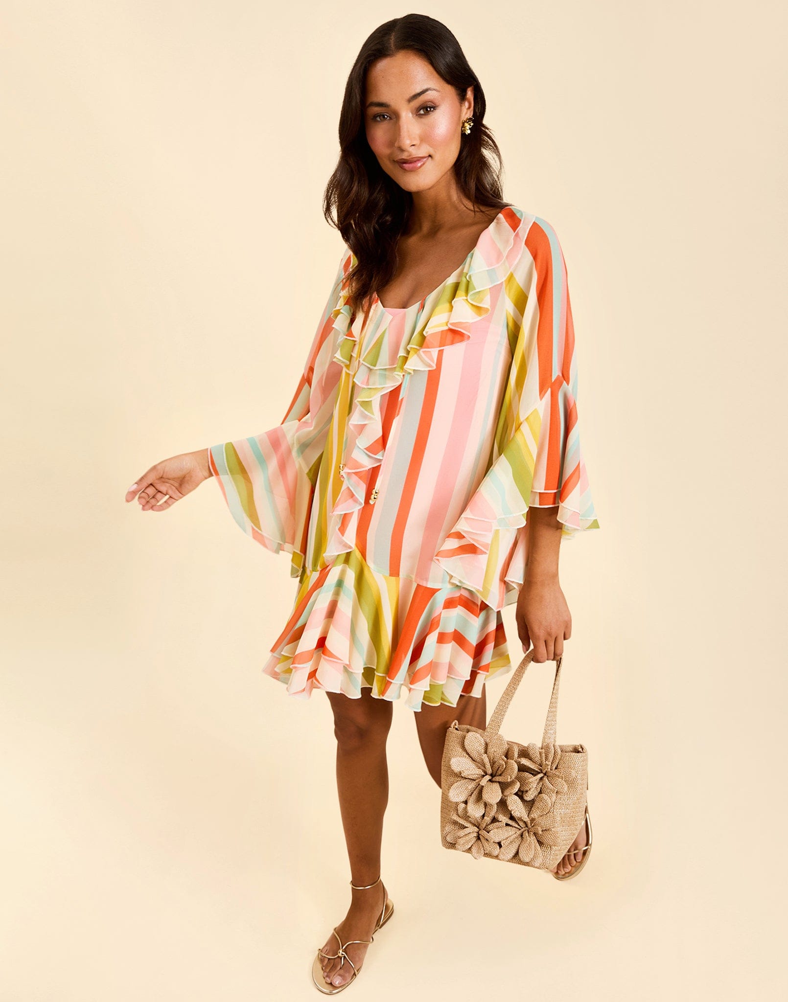 MESTIZA NEW YORK Cocktail Bimini Ruffle Caftan Mini Dress