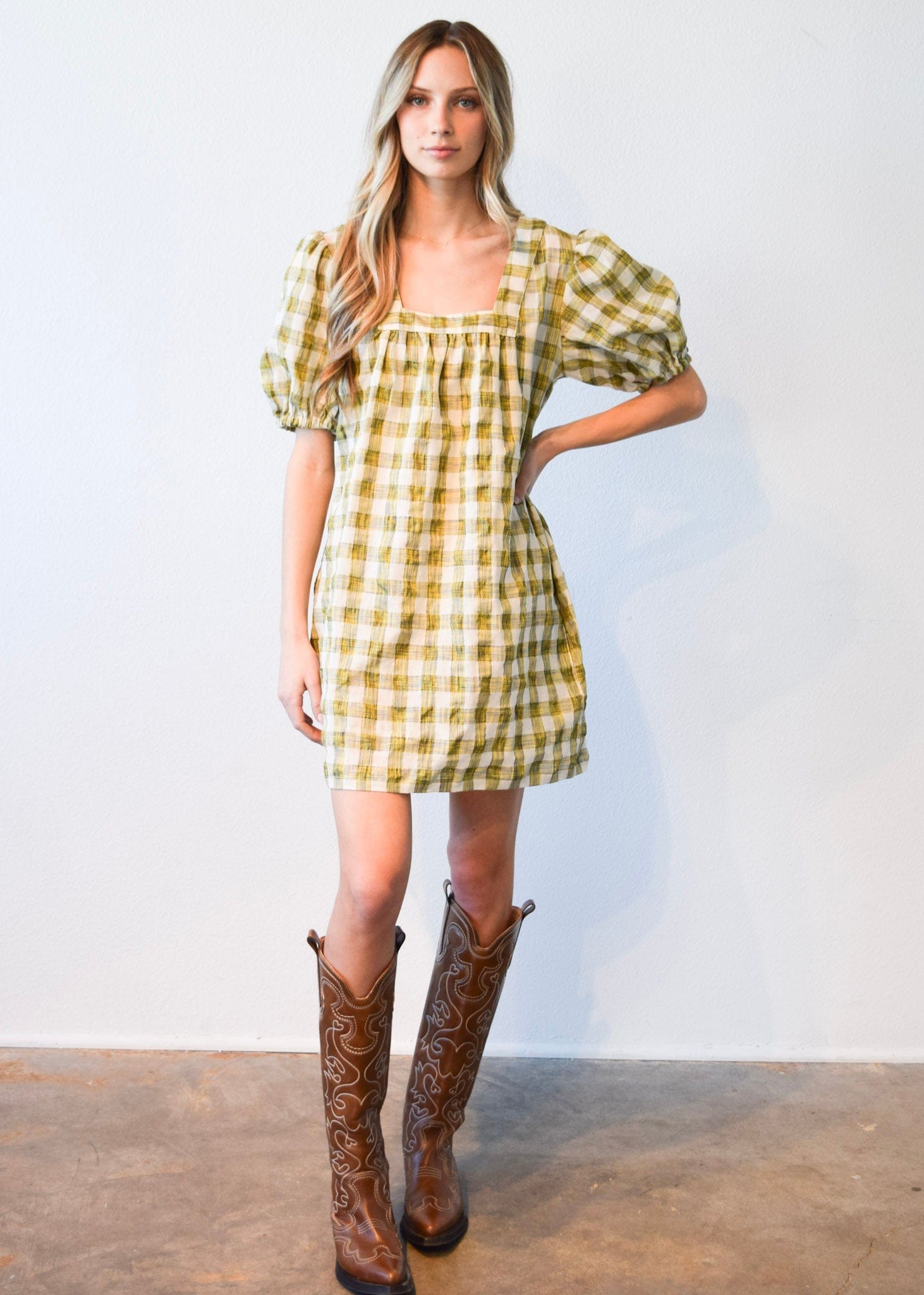 Never A Wallflower Dress XS / Yellow Plaid Square Neck Short Dress Yellow Plaid