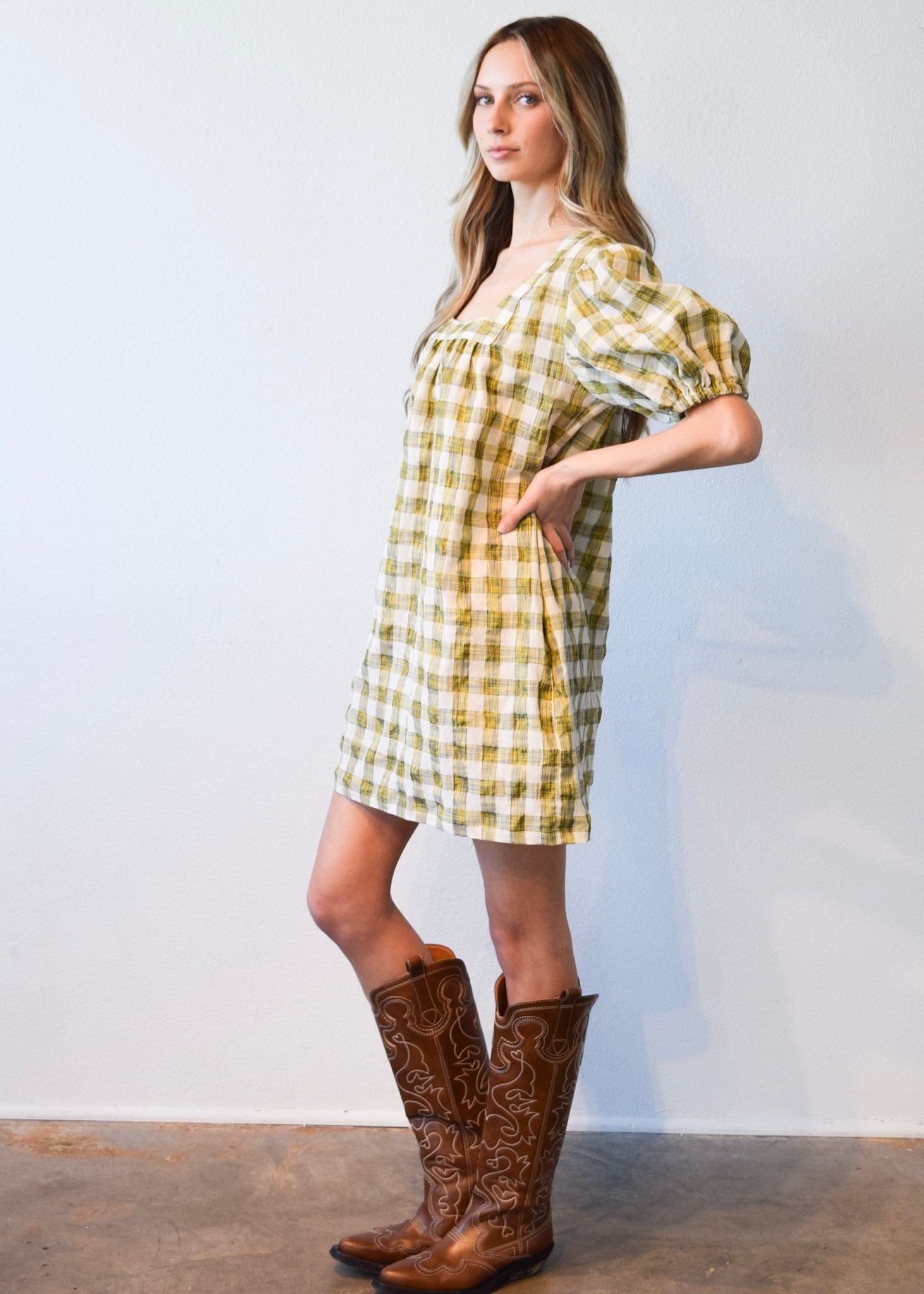 Never A Wallflower Dress Square Neck Short Dress Yellow Plaid