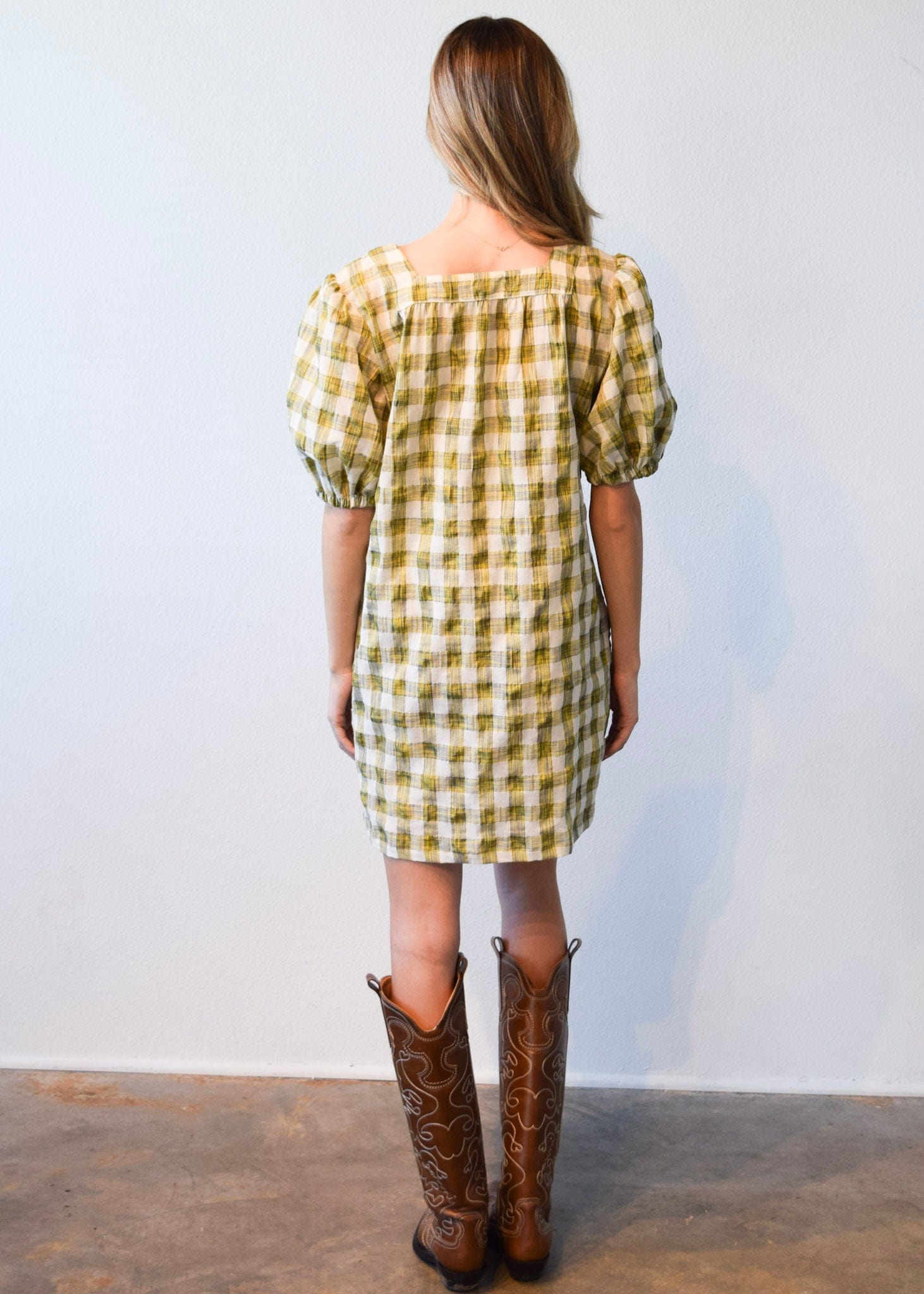 Never A Wallflower Dress Square Neck Short Dress Yellow Plaid