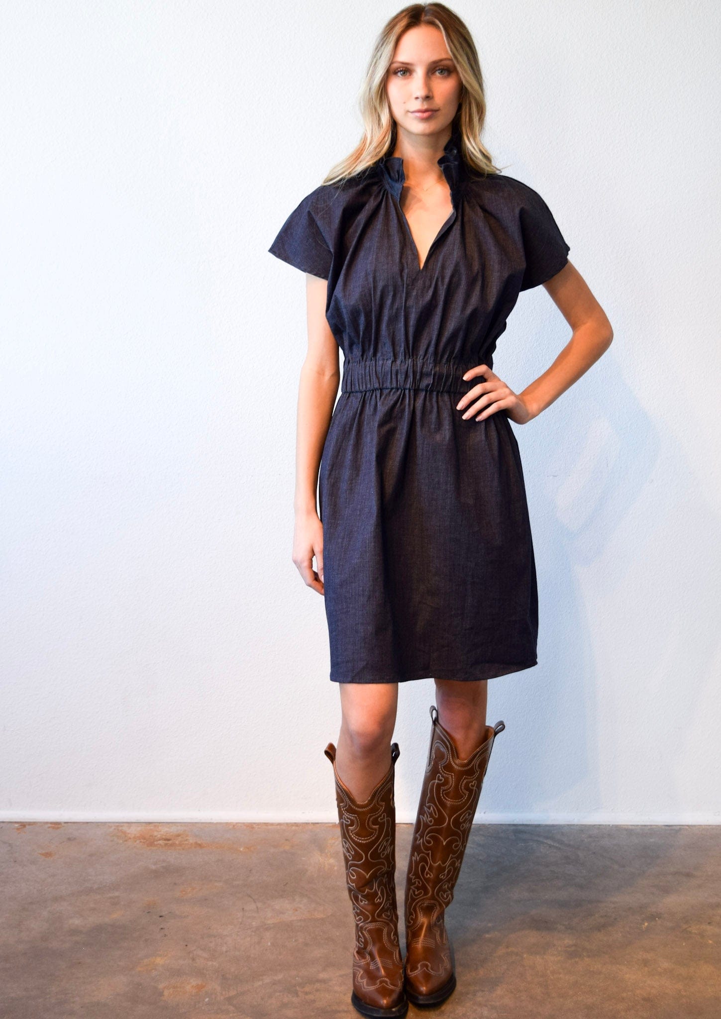 Never A Wallflower Dress xs / Dark Blue Denim Vicki Elastic Waist Dress Dark Blue Denim