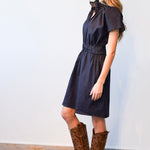 Never A Wallflower Dress Vicki Elastic Waist Dress Dark Blue Denim