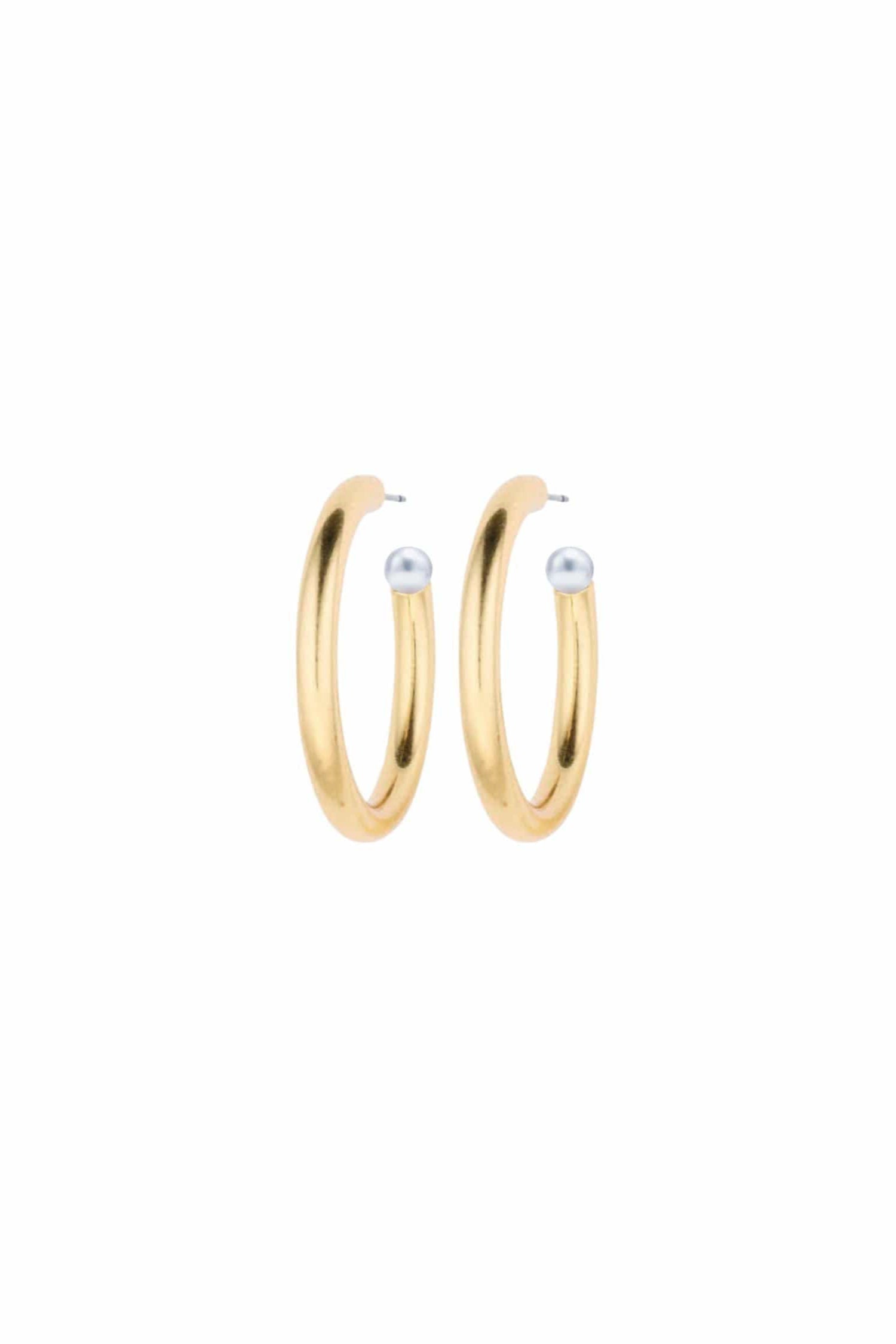 Nicola Bathie Jewelry Earrings Chunky Golden Hoops + Pearl