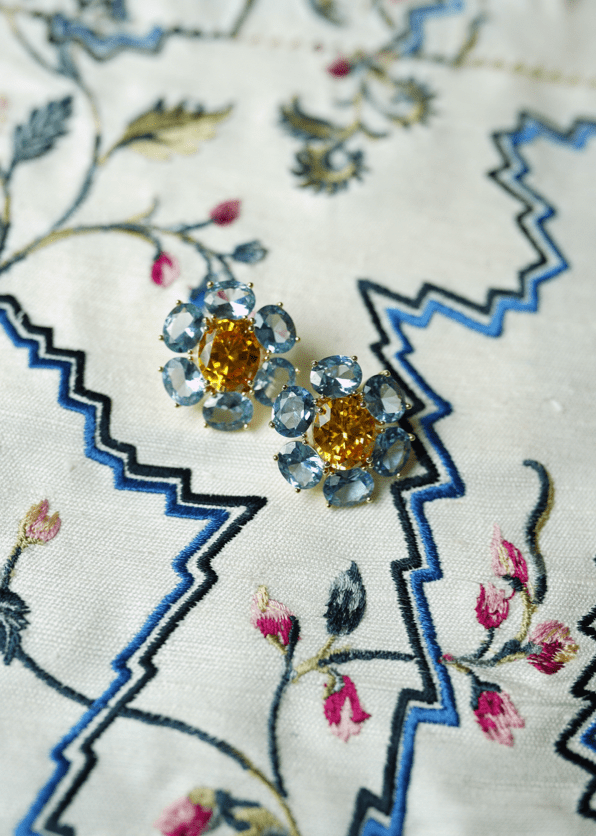 Nicola Bathie Jewelry earrings Paris Blue and Marigold Flower Stud